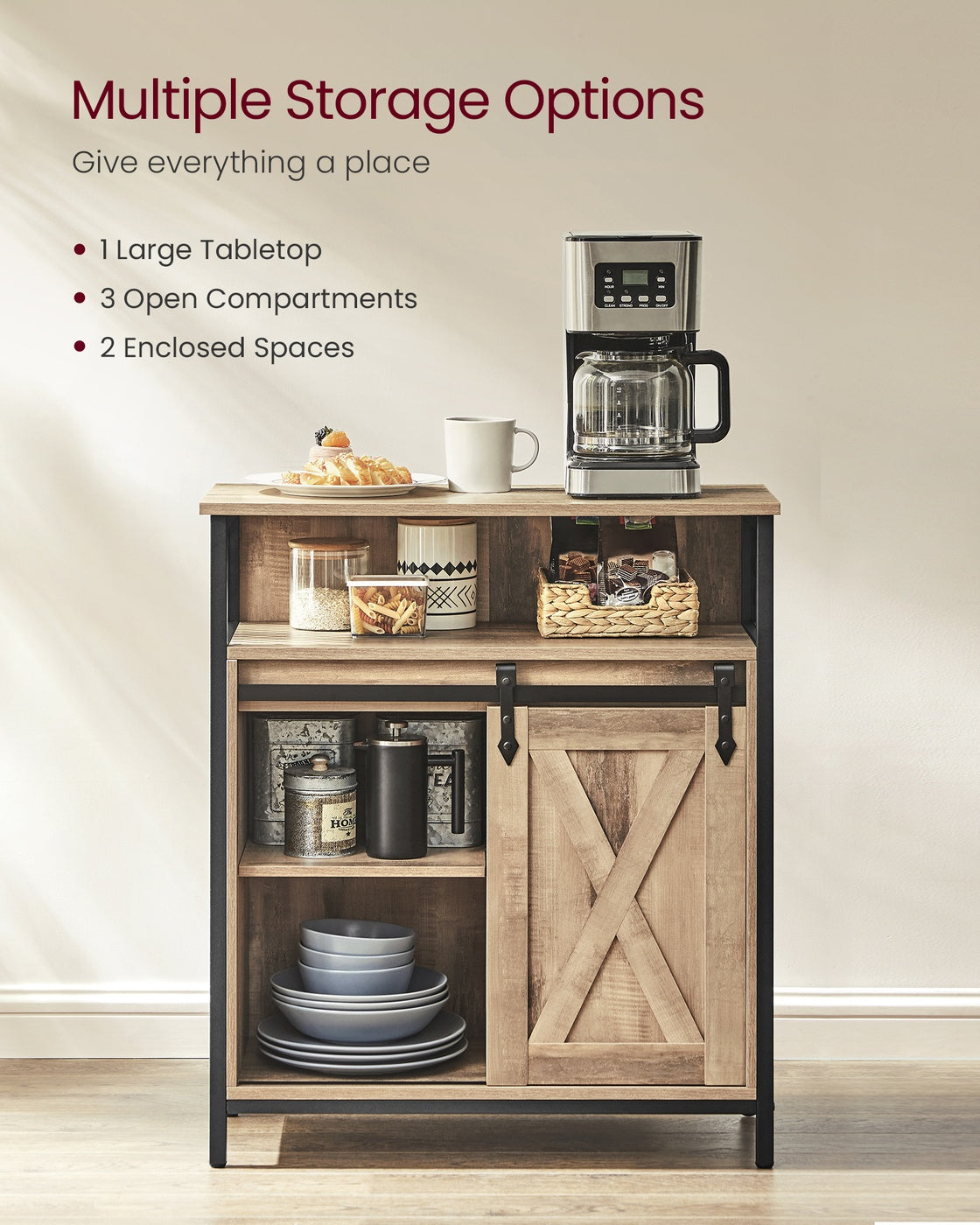 Buffet Cabinet with Open Compartment - Sliding Barn Door