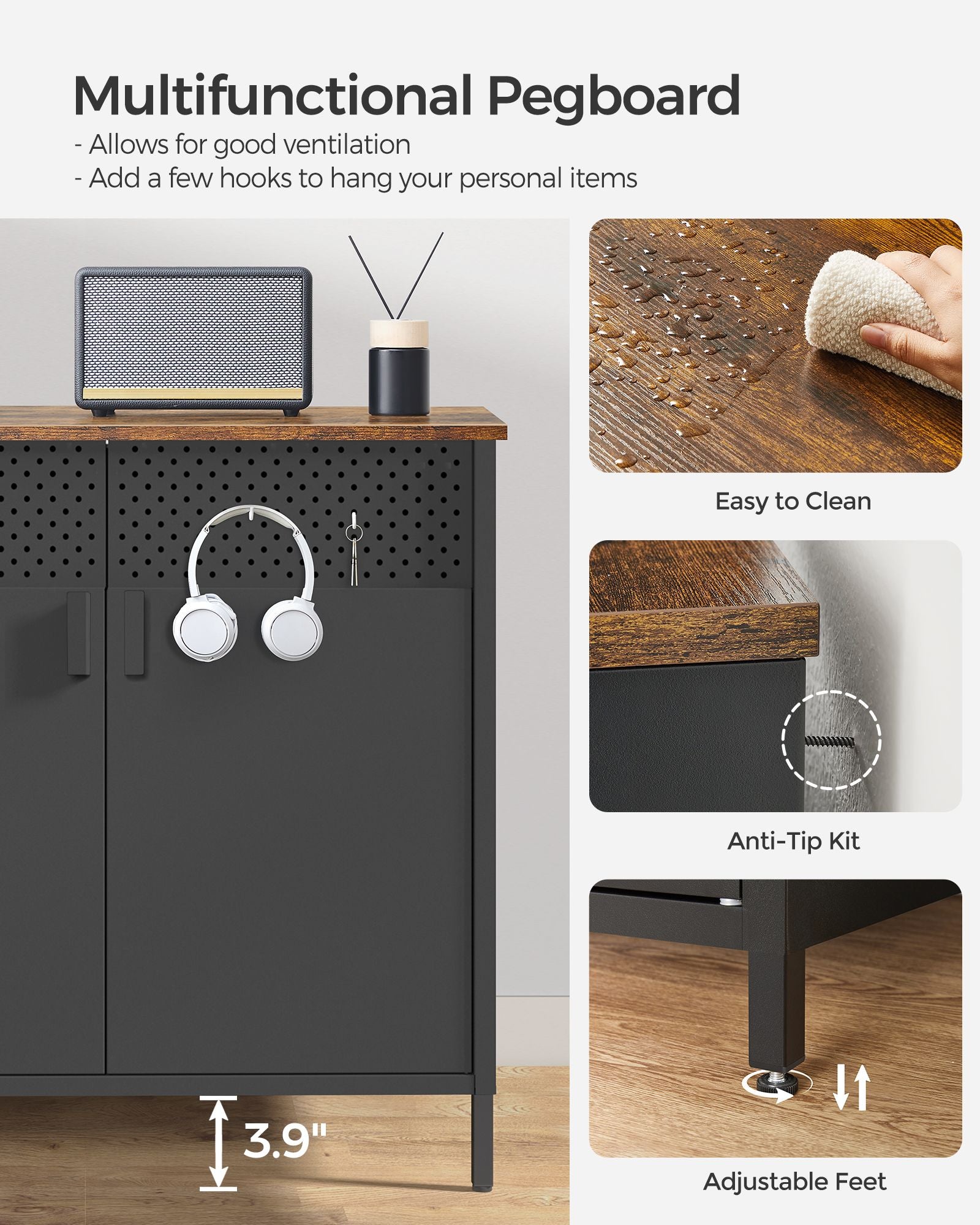 Storage Sideboard with Adjustable Shelves - Rustic Brown, Black