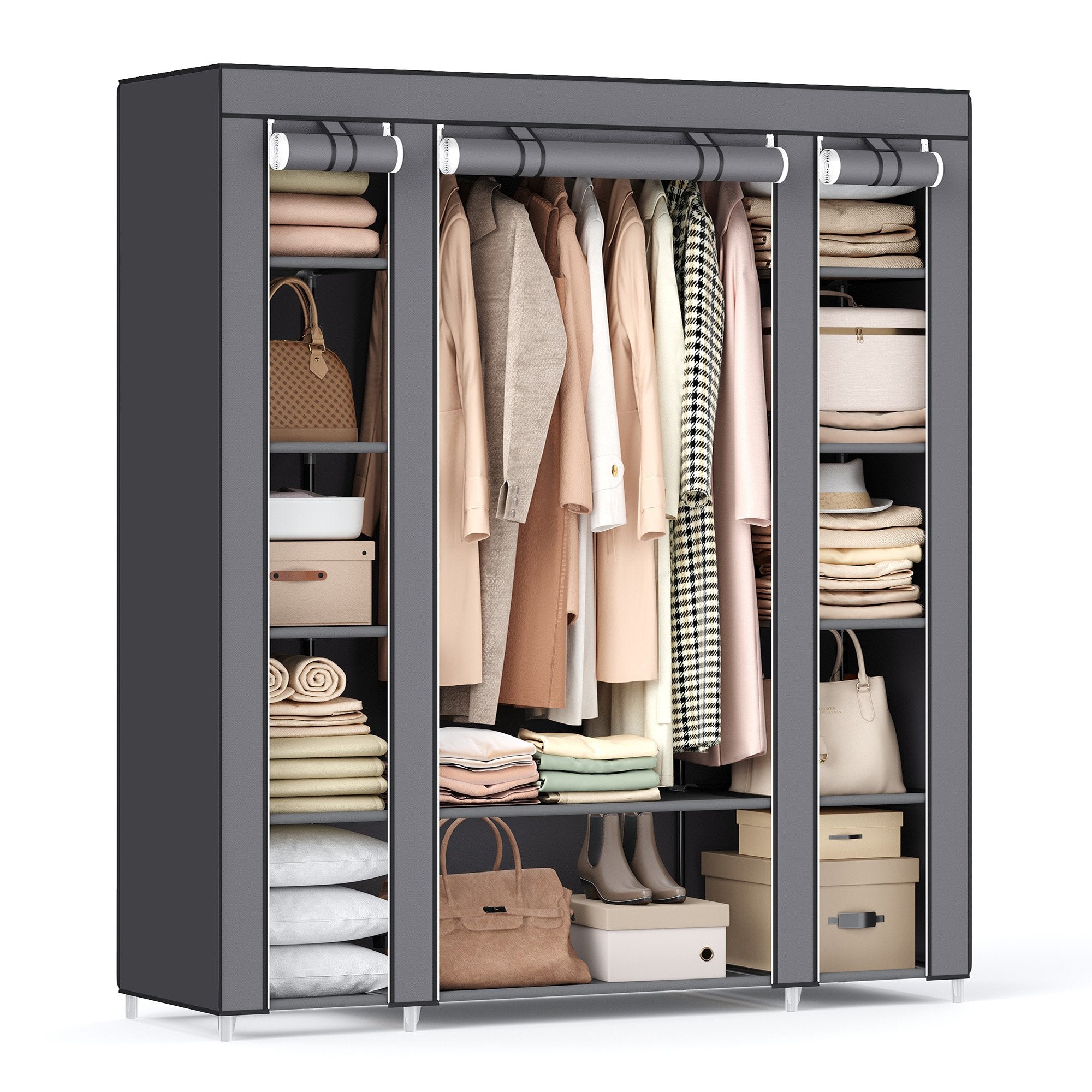 Closet Wardrobe with Non-Woven Fabric Cover - Grey