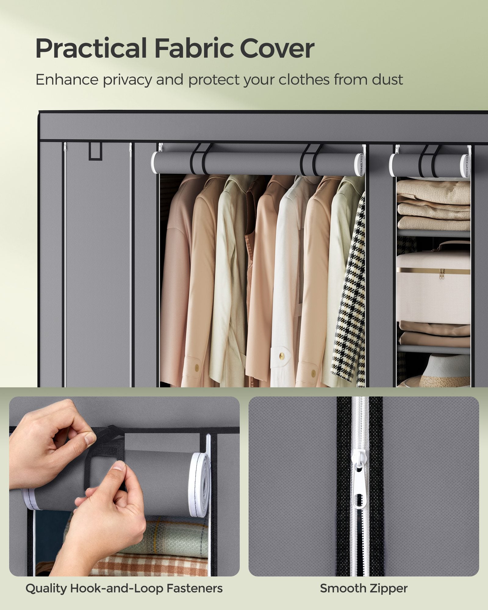 Closet Wardrobe with Non-Woven Fabric Cover - Grey