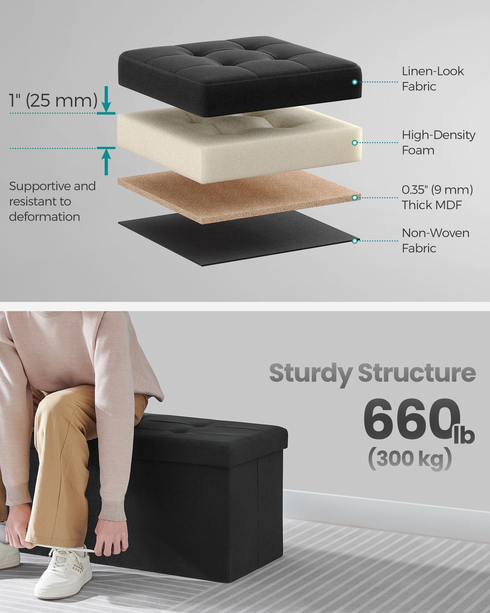 110 Cm Storage Ottoman - Foldable Storage Bench with Flipping Lid - 300 Kg Load Capacity - for Entryway - Living Room