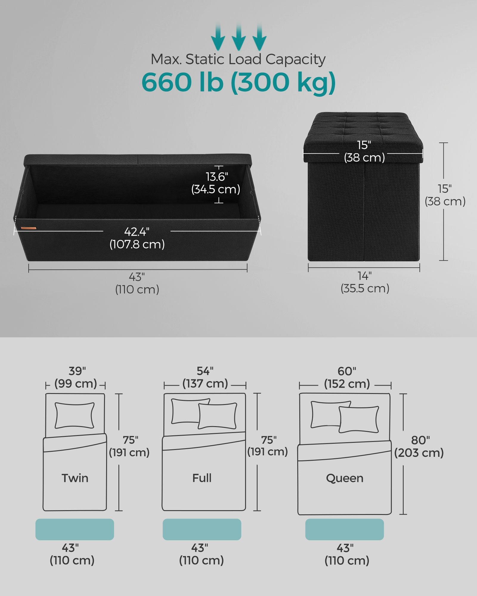 110 Cm Storage Ottoman - Foldable Storage Bench with Flipping Lid - 300 Kg Load Capacity - for Entryway - Living Room