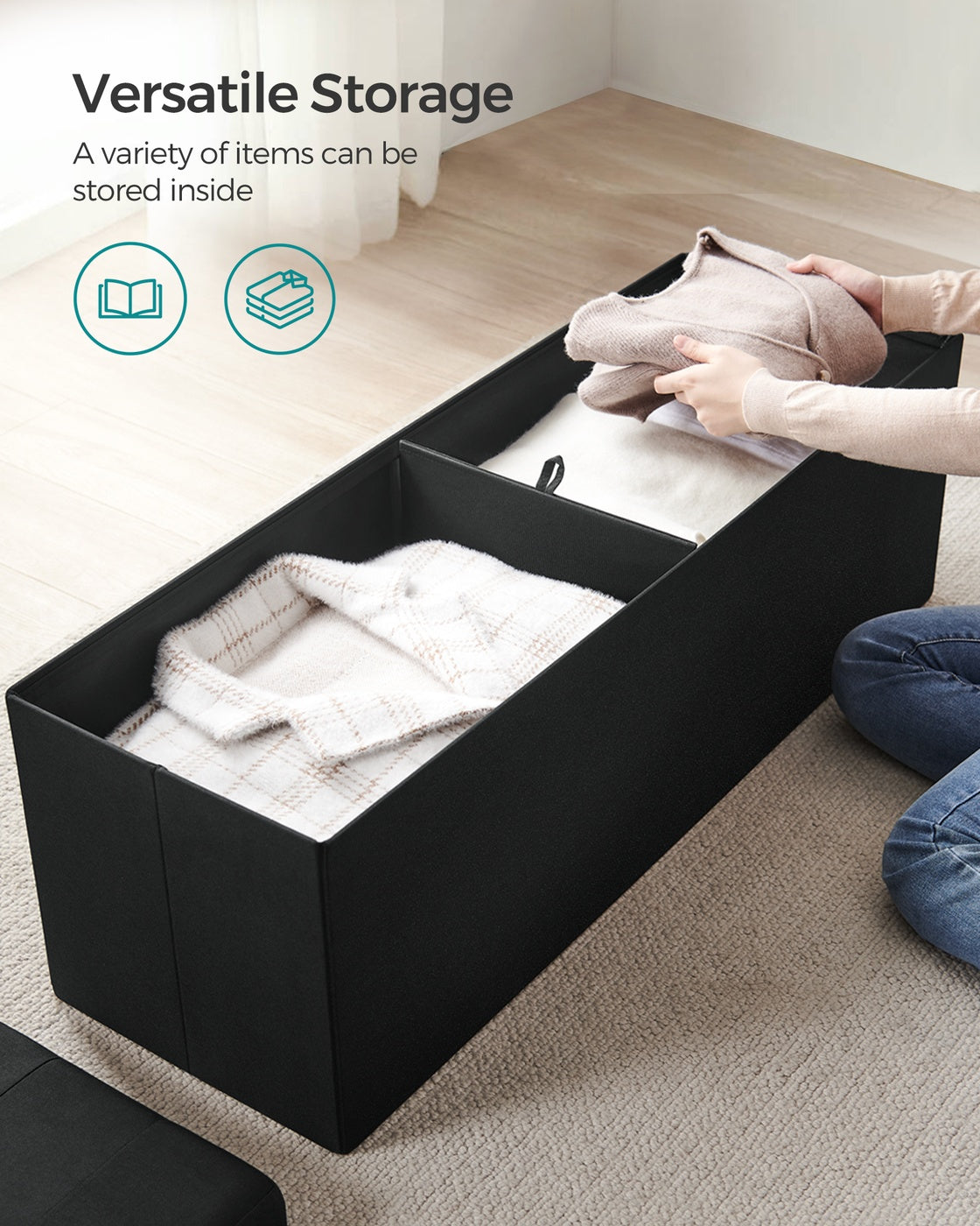 Folding Storage Ottoman Bench - 43 Inch - Linen-Look - 35 Gal