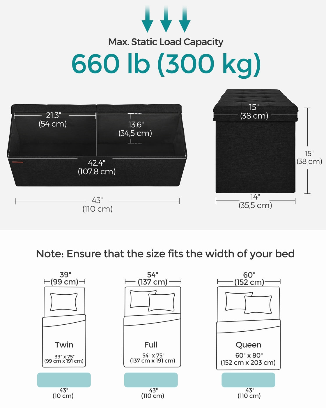 Folding Storage Ottoman Bench - 43 Inch - Linen-Look - 35 Gal