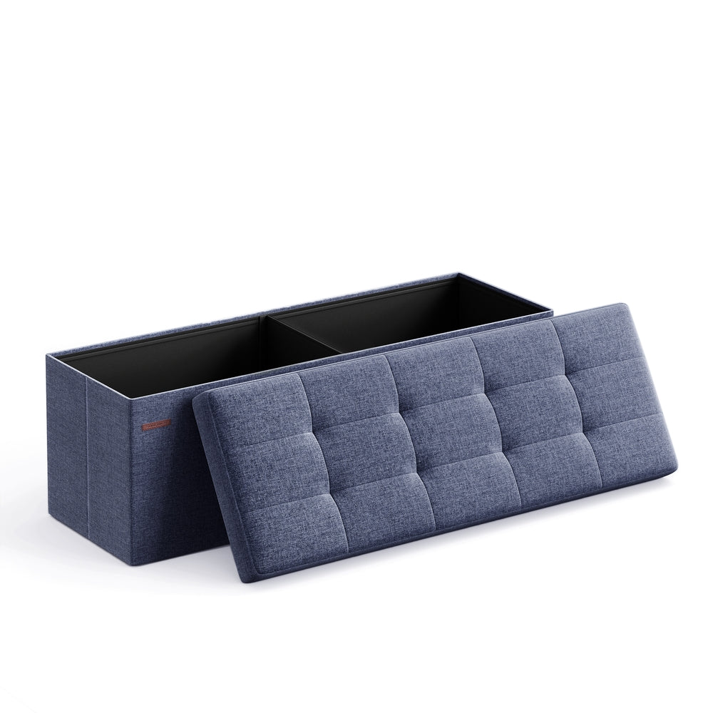 Folding Storage Ottoman Bench - 43 Inch - Linen-Look - 35 Gal - Denim Blue