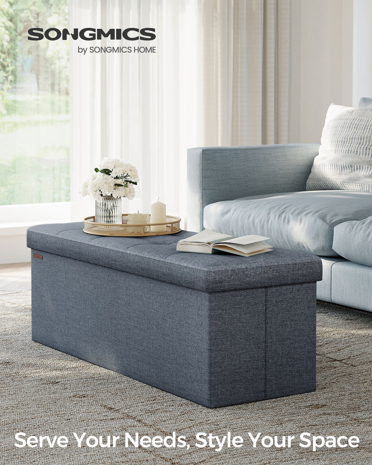 Folding Storage Ottoman Bench - 43 Inch - Linen-Look - 35 Gal