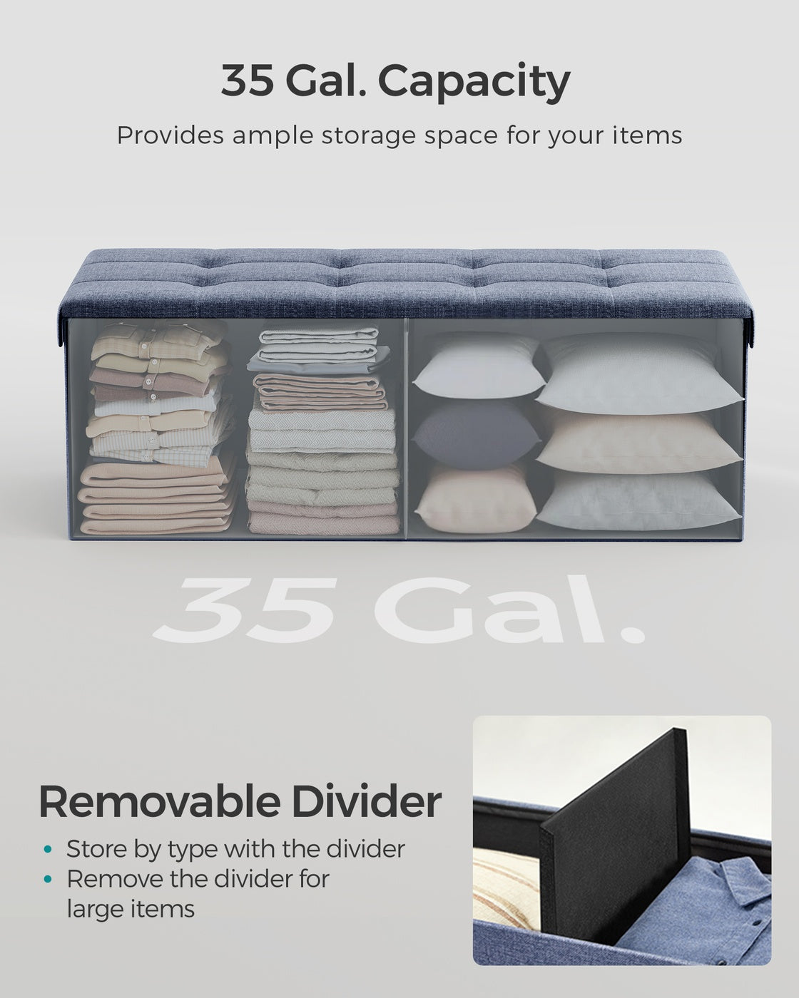 Folding Storage Ottoman Bench - 43 Inch - Linen-Look - 35 Gal