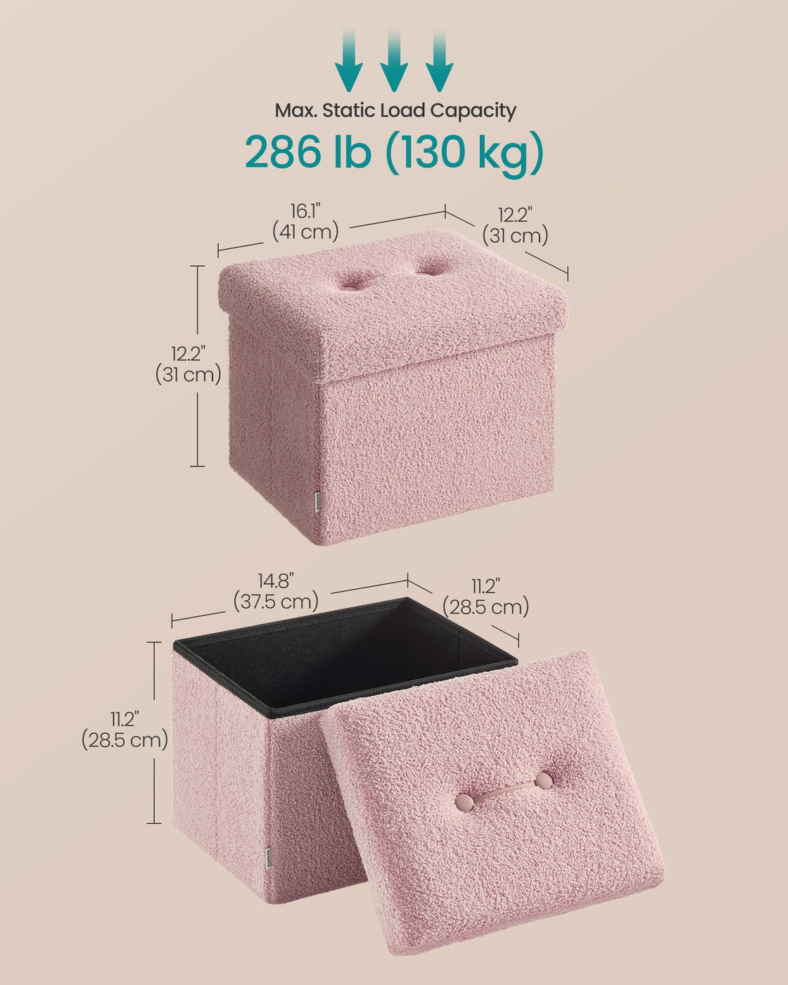 Small Folding Storage Ottoman - 12 Inch - Teddy Fleece Foot Rest