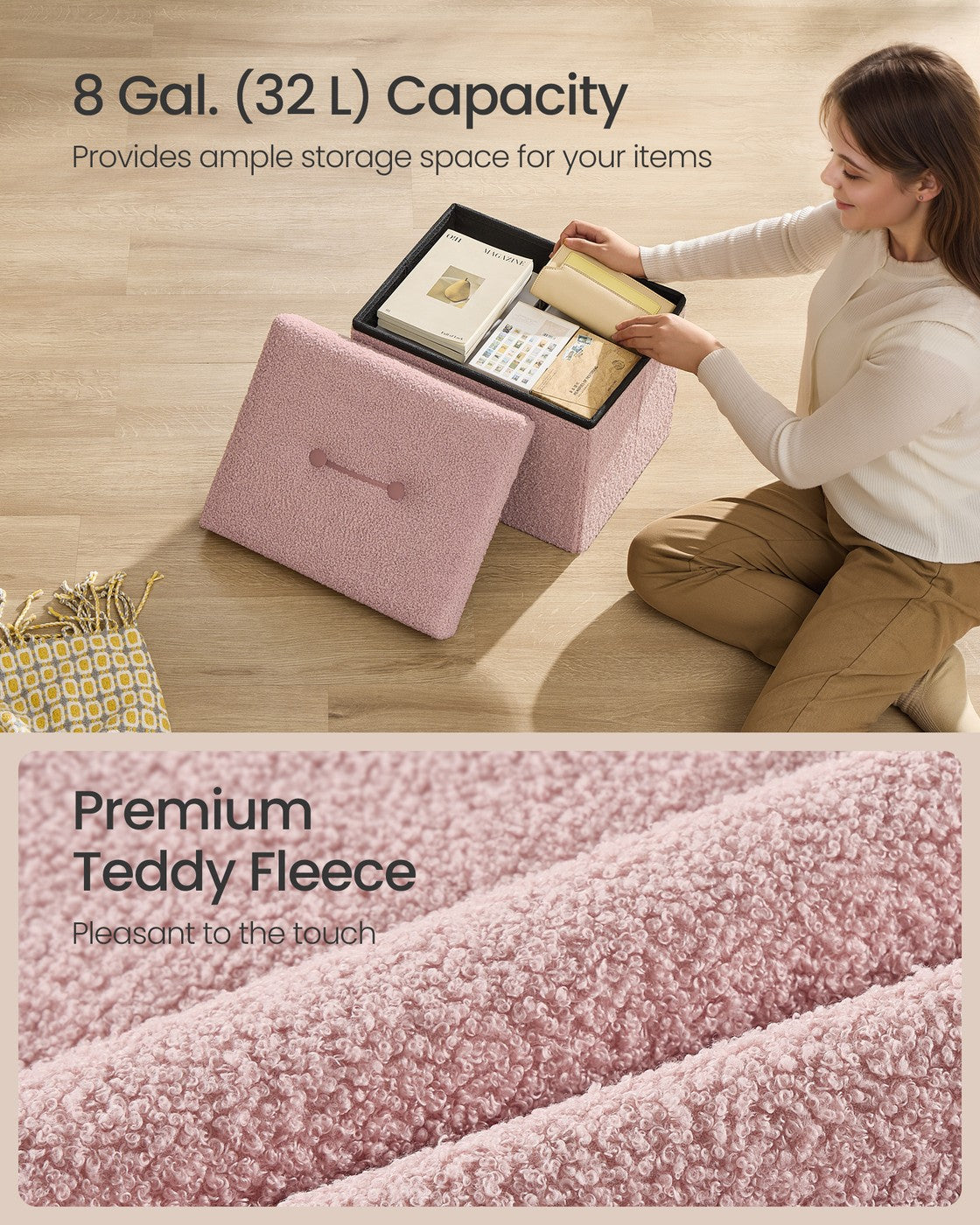 Small Folding Storage Ottoman - 12 Inch - Teddy Fleece Foot Rest