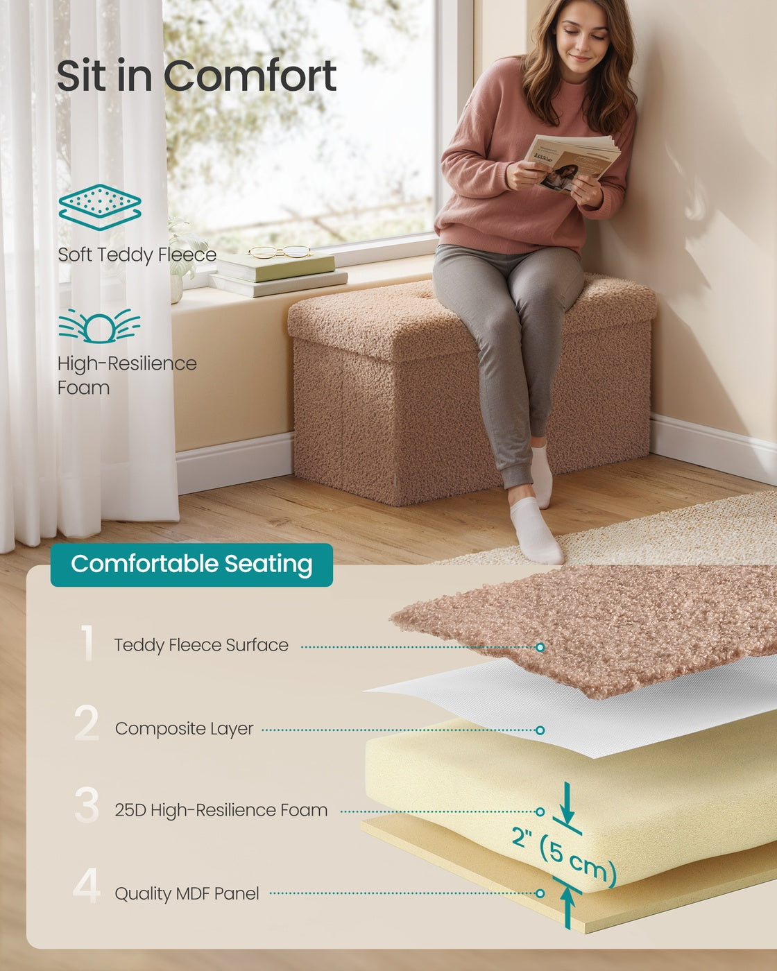 Storage Ottoman Bench - 30 Inch - Teddy Fleece - 24 Gal Capacity