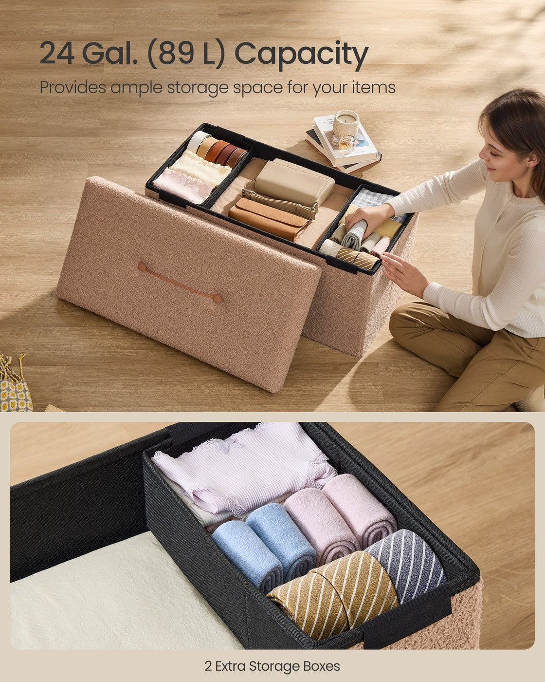 Storage Ottoman Bench - 30 Inch - Teddy Fleece - 24 Gal Capacity