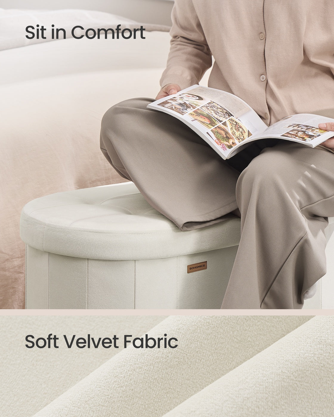 Oval Ottoman Storage Bench - 43 Inch - Velvet With Hidden Storage