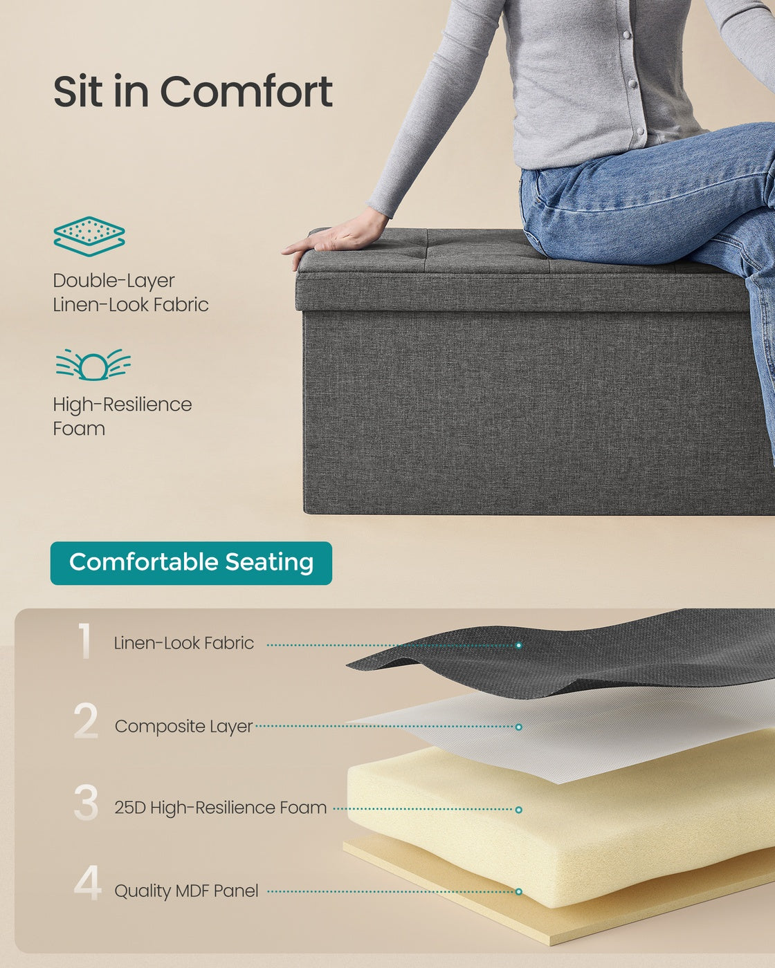 MAZIE Collection - 30 Inches Folding Storage Ottoman Bench