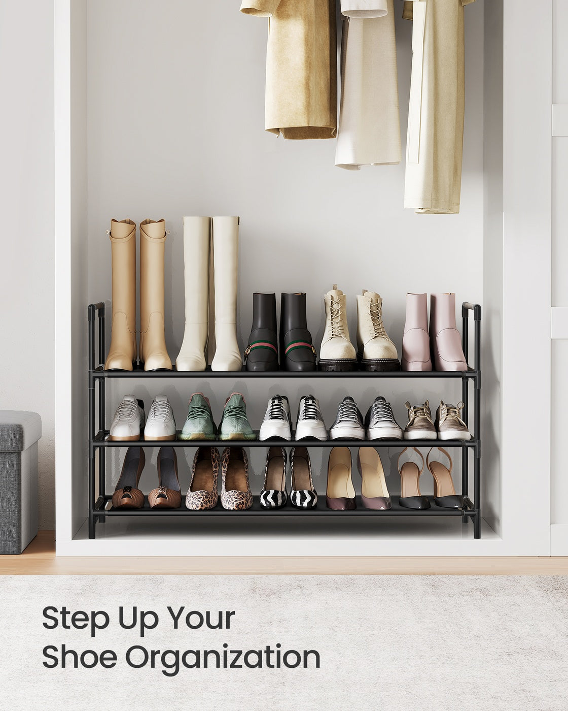 Slim Metal Shoe Rack - Fabric Shelves - For Hallway Closet