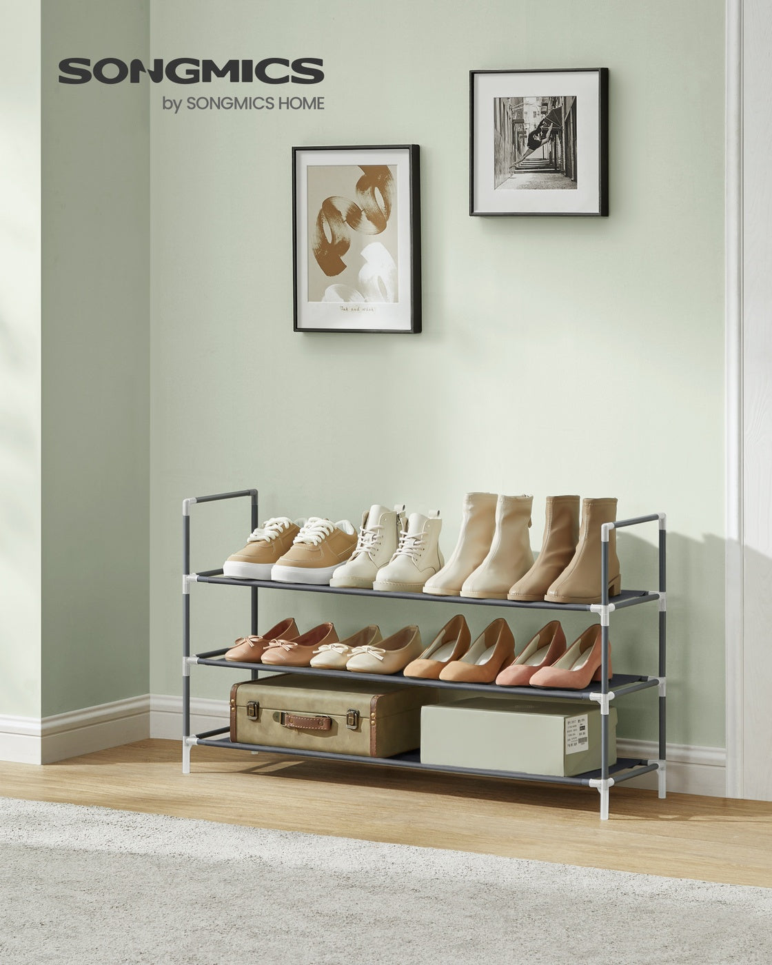 Slim Metal Shoe Rack - Fabric Shelves - For Hallway Closet
