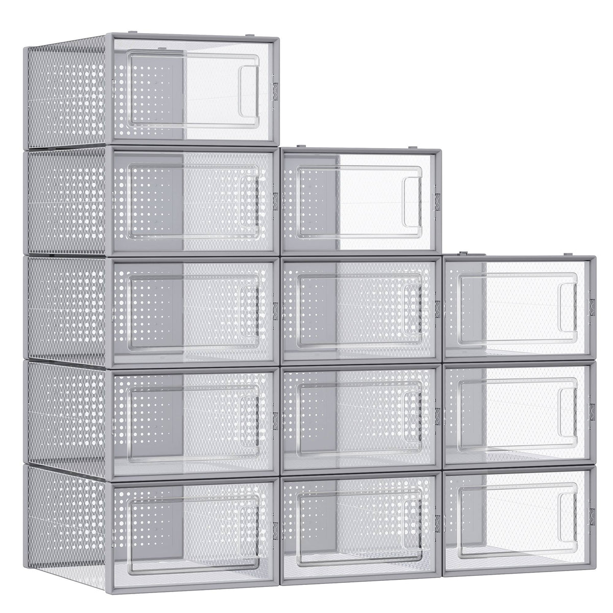 Clear Shoe Boxes - Set Of 15 - Fits Up To US Size 11 - Stackable - Transparent, Gray