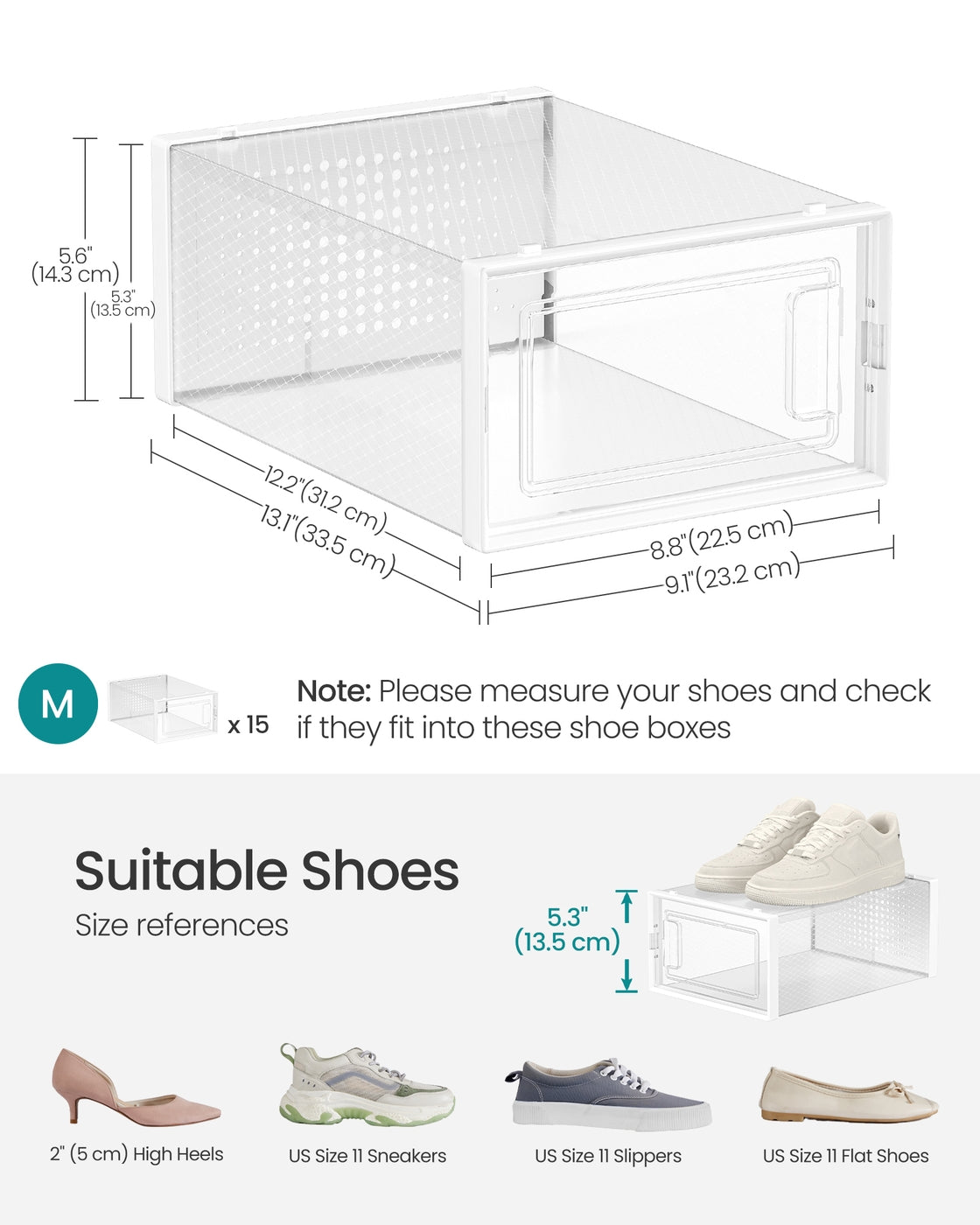 Clear Shoe Boxes - Set Of 15 - Fits Up To US Size 11 - Stackable