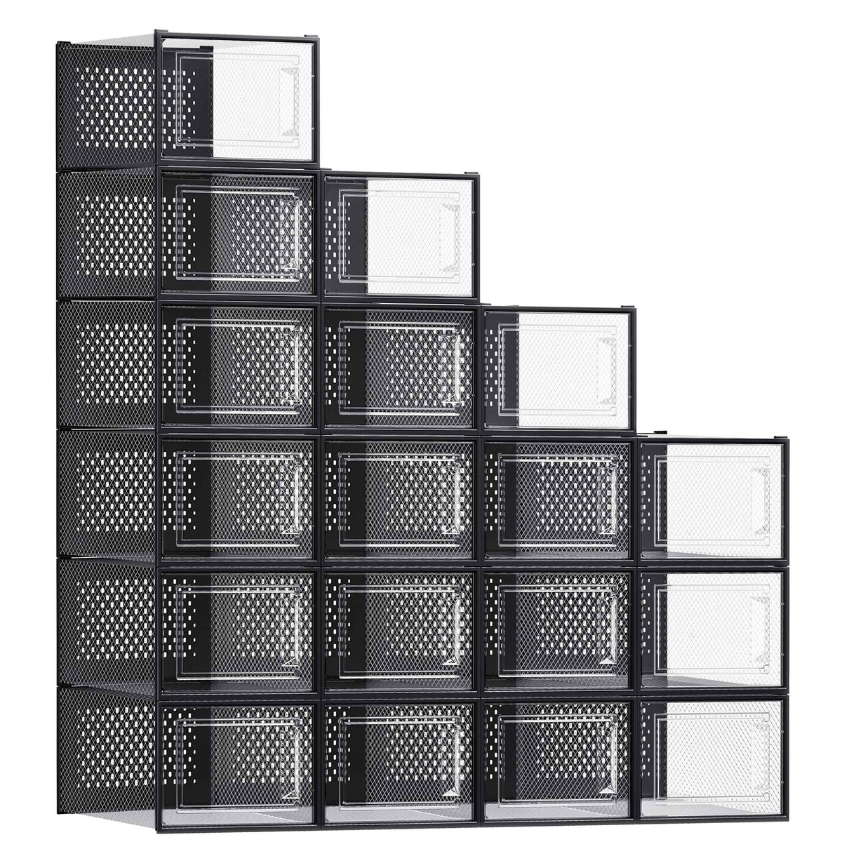 Clear Shoe Boxes - Set Of 15 - Fits Up To US Size 11 - Stackable - Ink Black