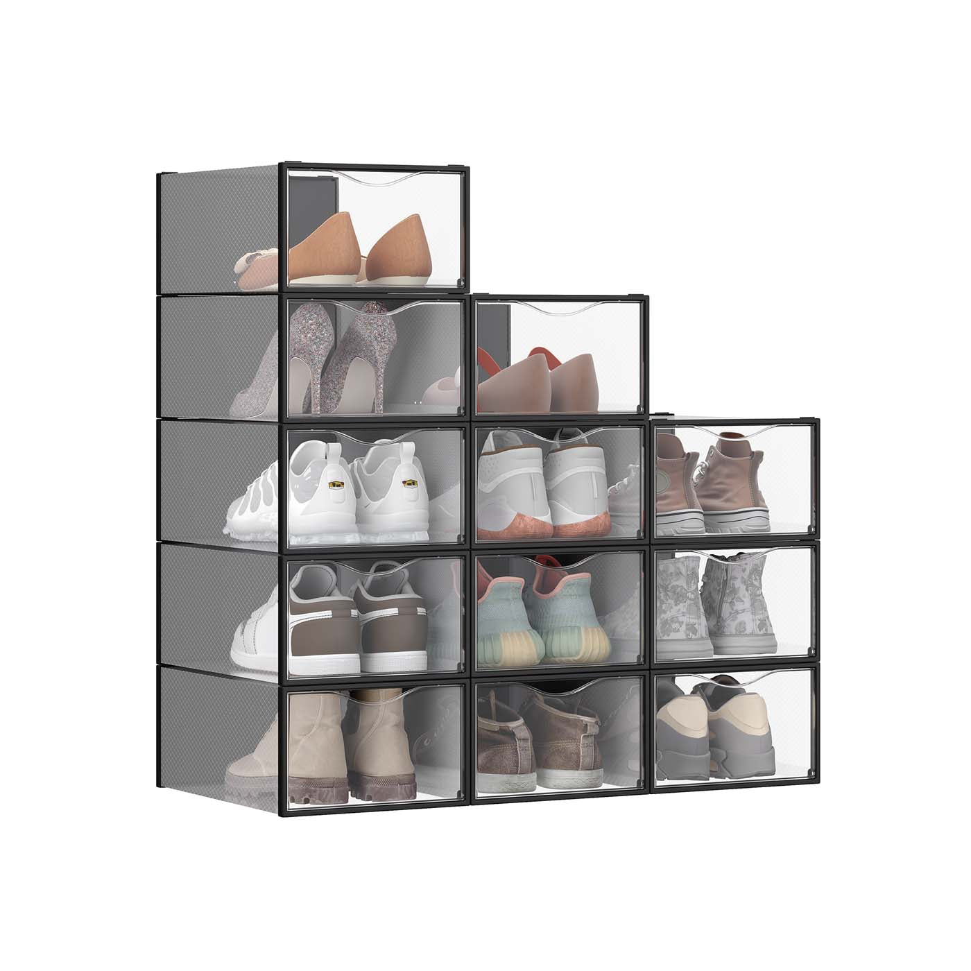 Stackable Shoe Boxes - Set of 12 Plastic Shoe Organizers with Door