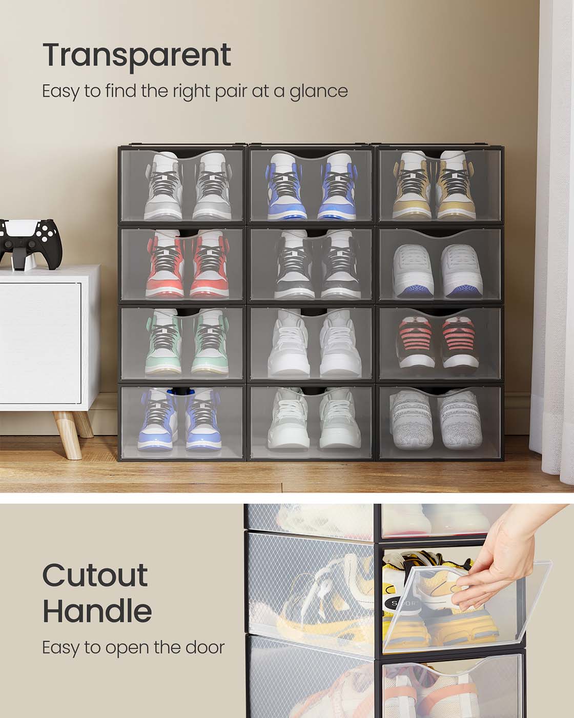 Stackable Shoe Boxes - Set of 12 Plastic Shoe Organizers with Door