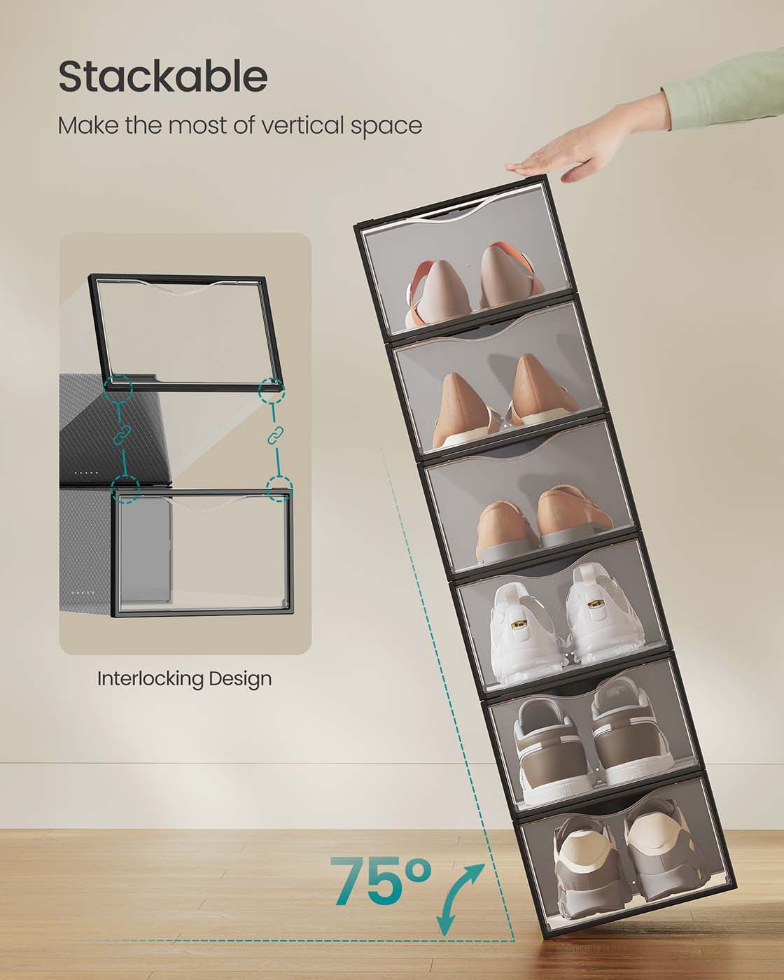 Stackable Shoe Boxes - Set of 12 Plastic Shoe Organizers with Door