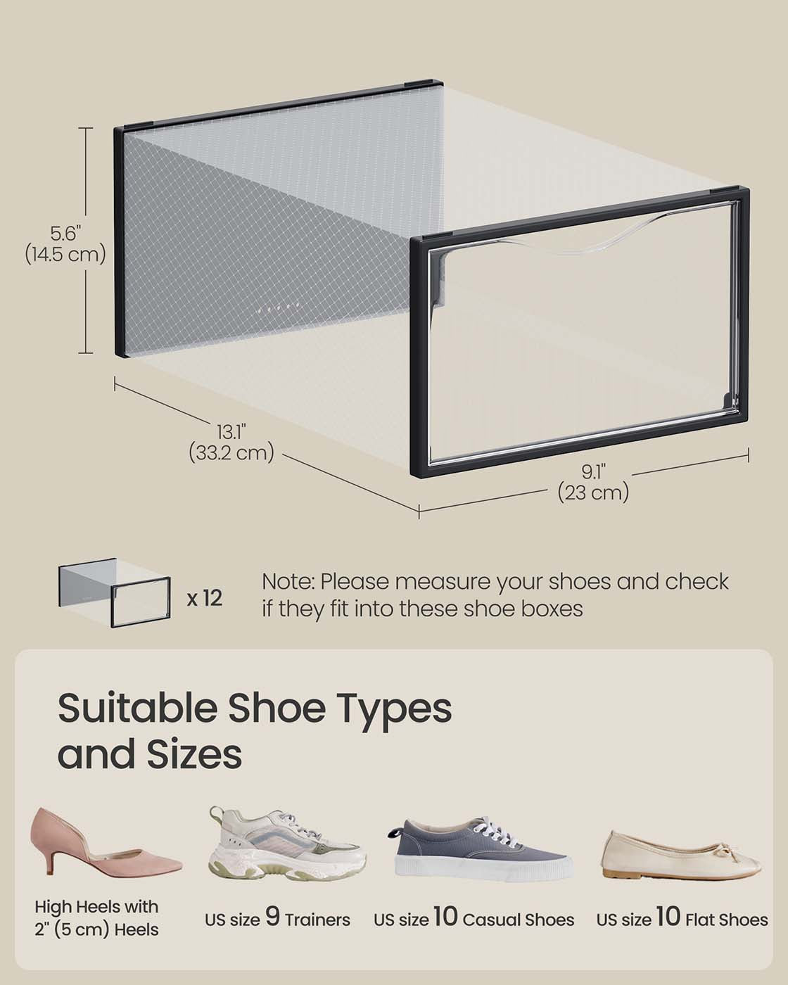 Stackable Shoe Boxes - Set of 12 Plastic Shoe Organizers with Door