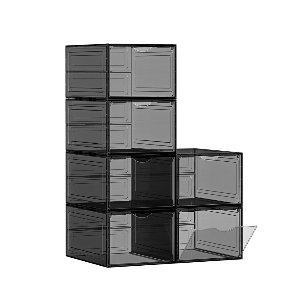 Clear Shoe Boxes - Set Of 6 - Fits Up To US Size 13 - Stackable - Black