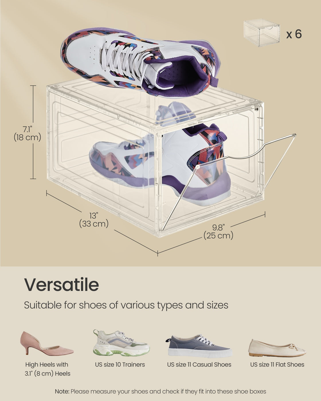 Clear Shoe Boxes - Set Of 6 - Fits Up To US Size 13 - Stackable