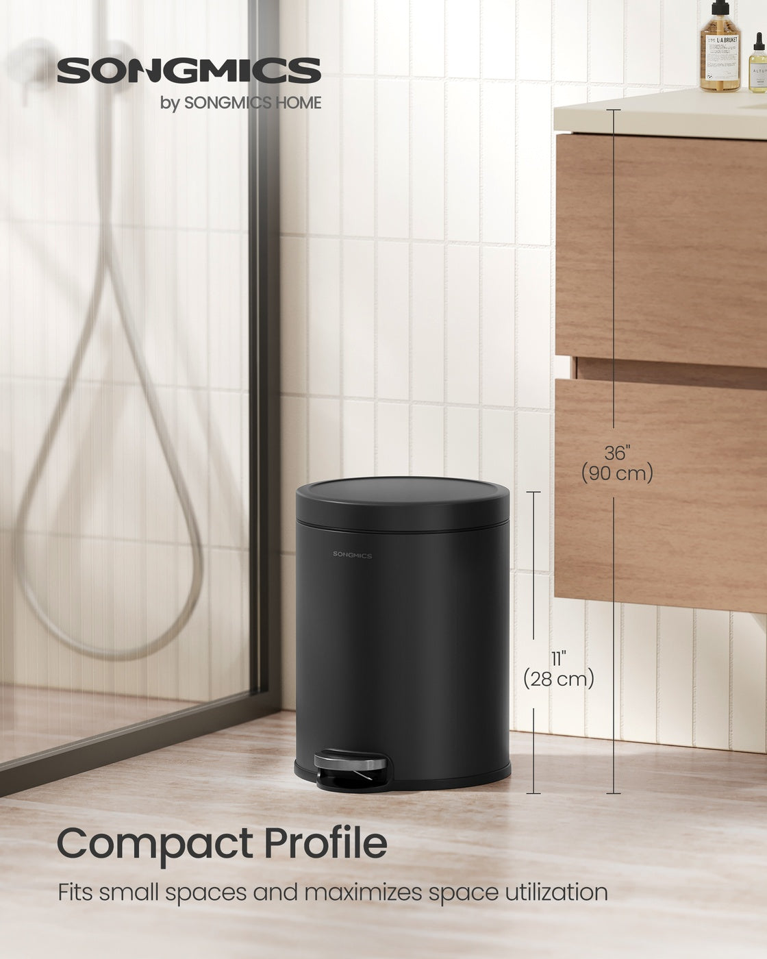 Bathroom Trash Can - 1.6 Gallon - Soft-Close Step Pedal - Stainless Steel