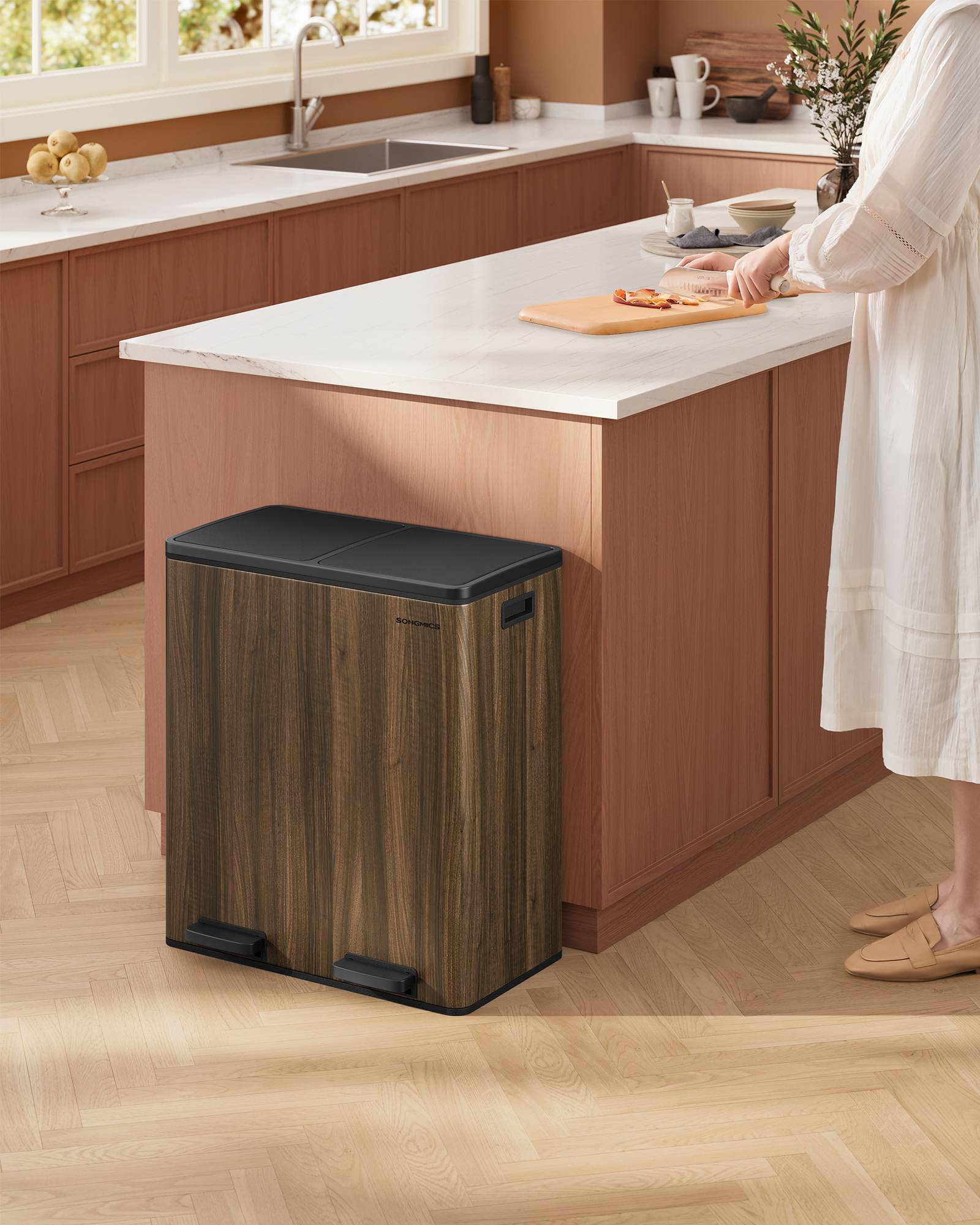 Dual Compartment Kitchen Trash Can with Airtight Hinged Lids - Dark Walnut - 23.2”L x 14.4”W x 25.6”H
