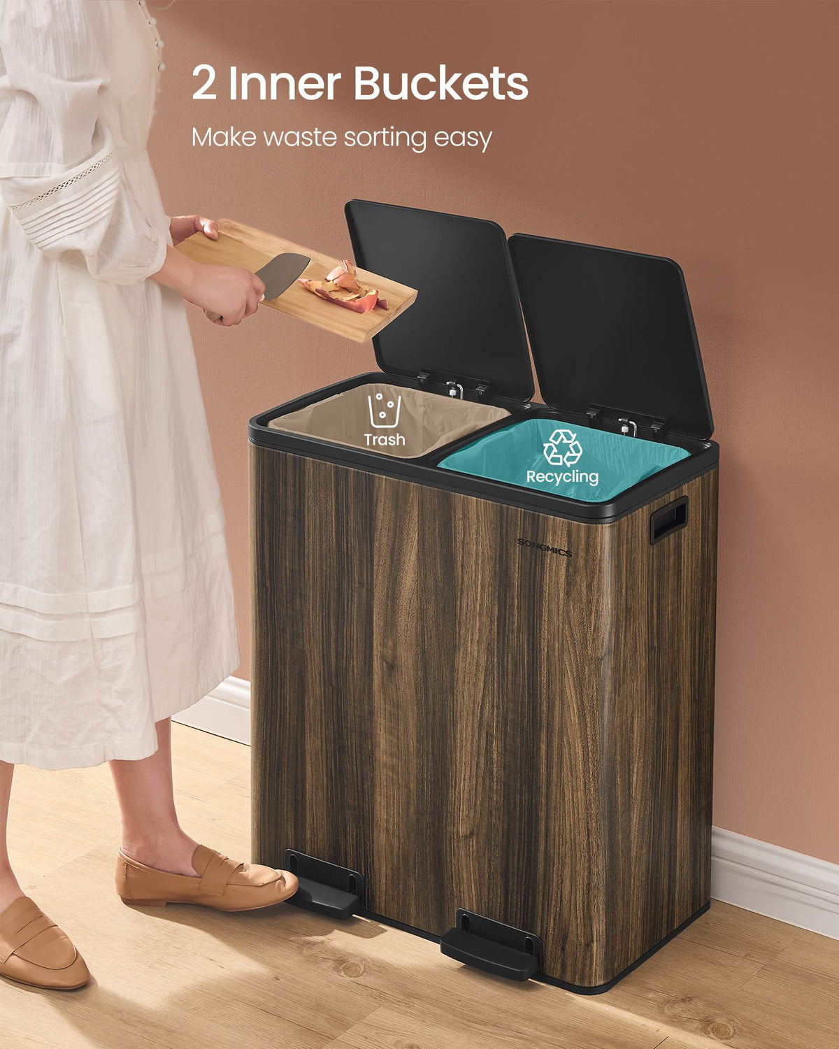 Kitchen Trash Can - Dual Compartment - 16-Gallon - Airtight Hinged Lids
