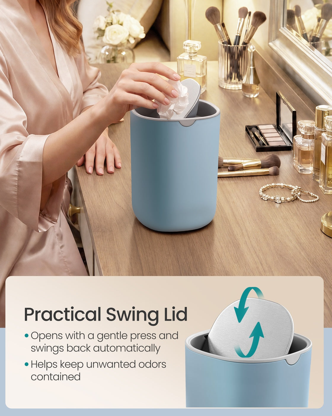 Mini Desk Trash Can with Lid - Silver Grey