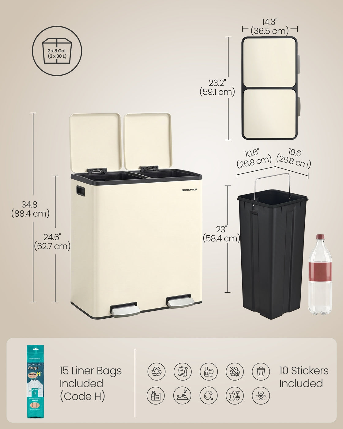 Double Compartment Stainless Steel Trash Can for Recycling - Almond