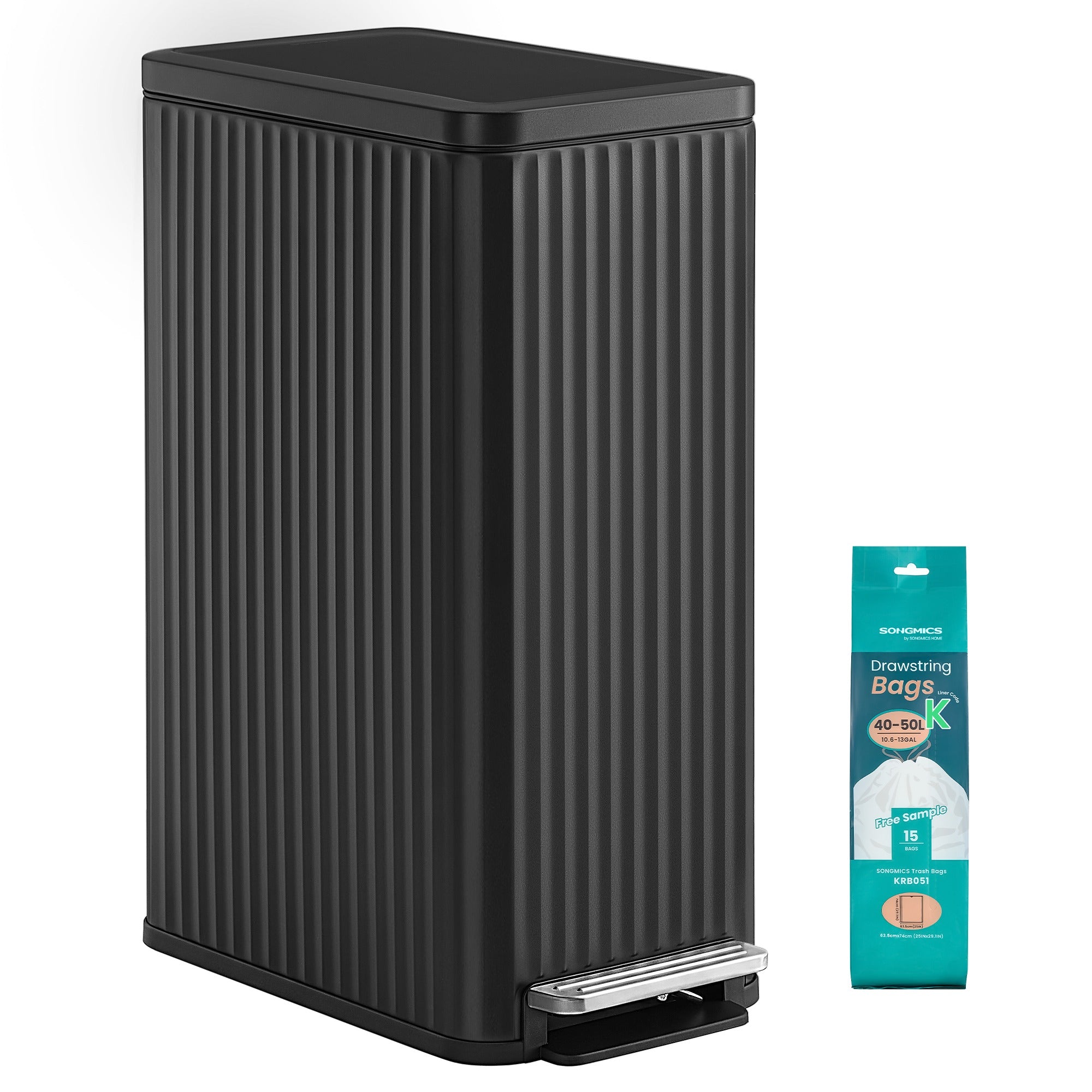 Slim Stainless Steel Trash Can with Lid for Kitchen - Black