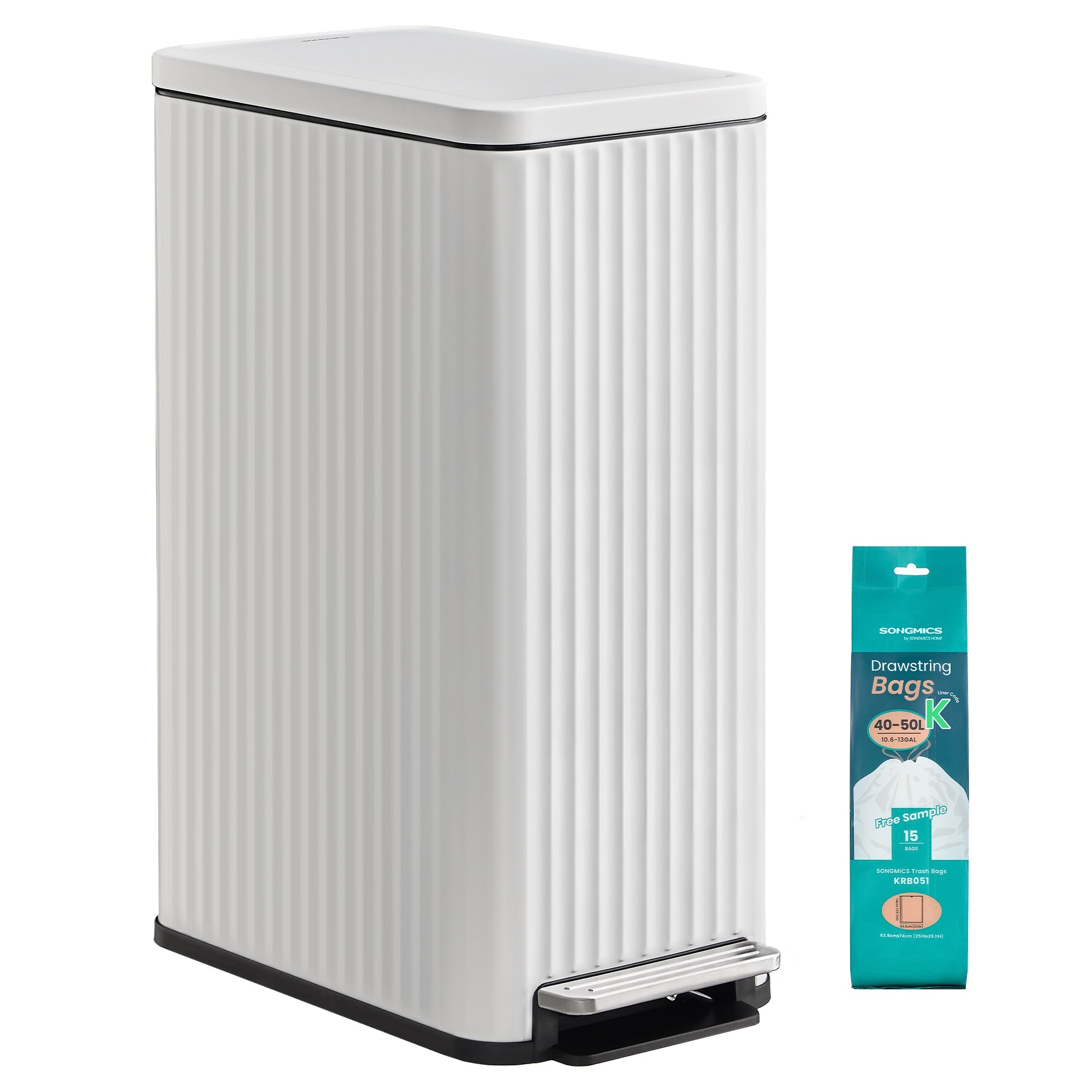 Slim Stainless Steel Trash Can with Lid for Kitchen - White