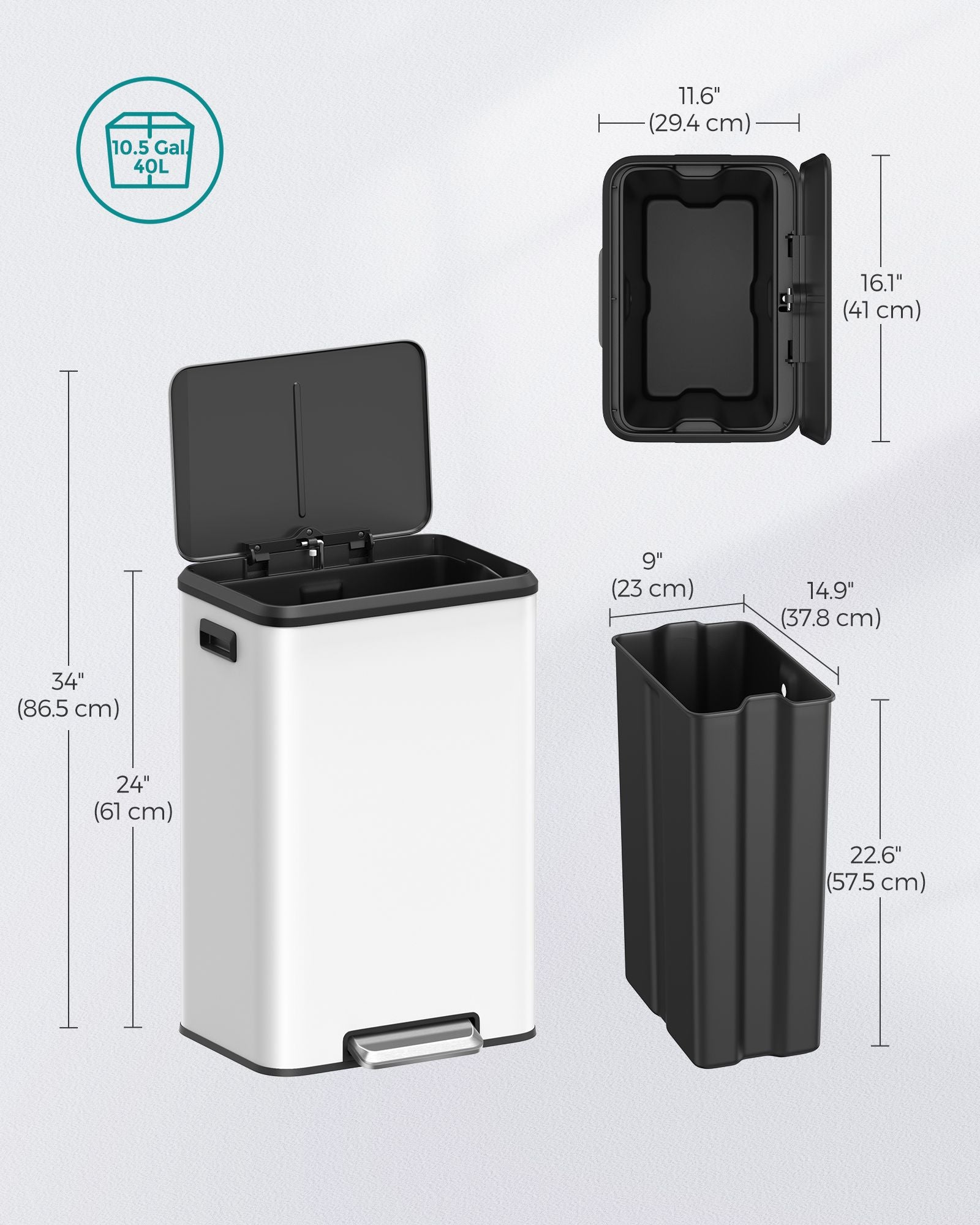 10.5-Gallon (40L) Kitchen Trash Can with Lid and Wide Foot Pedal - White