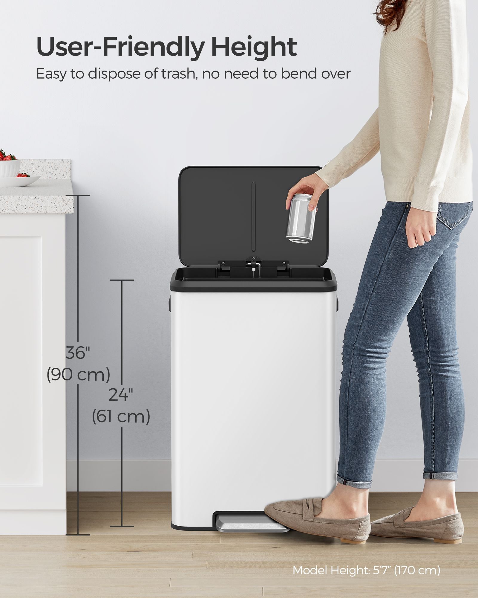 10.5-Gallon (40L) Kitchen Trash Can with Lid and Wide Foot Pedal - White