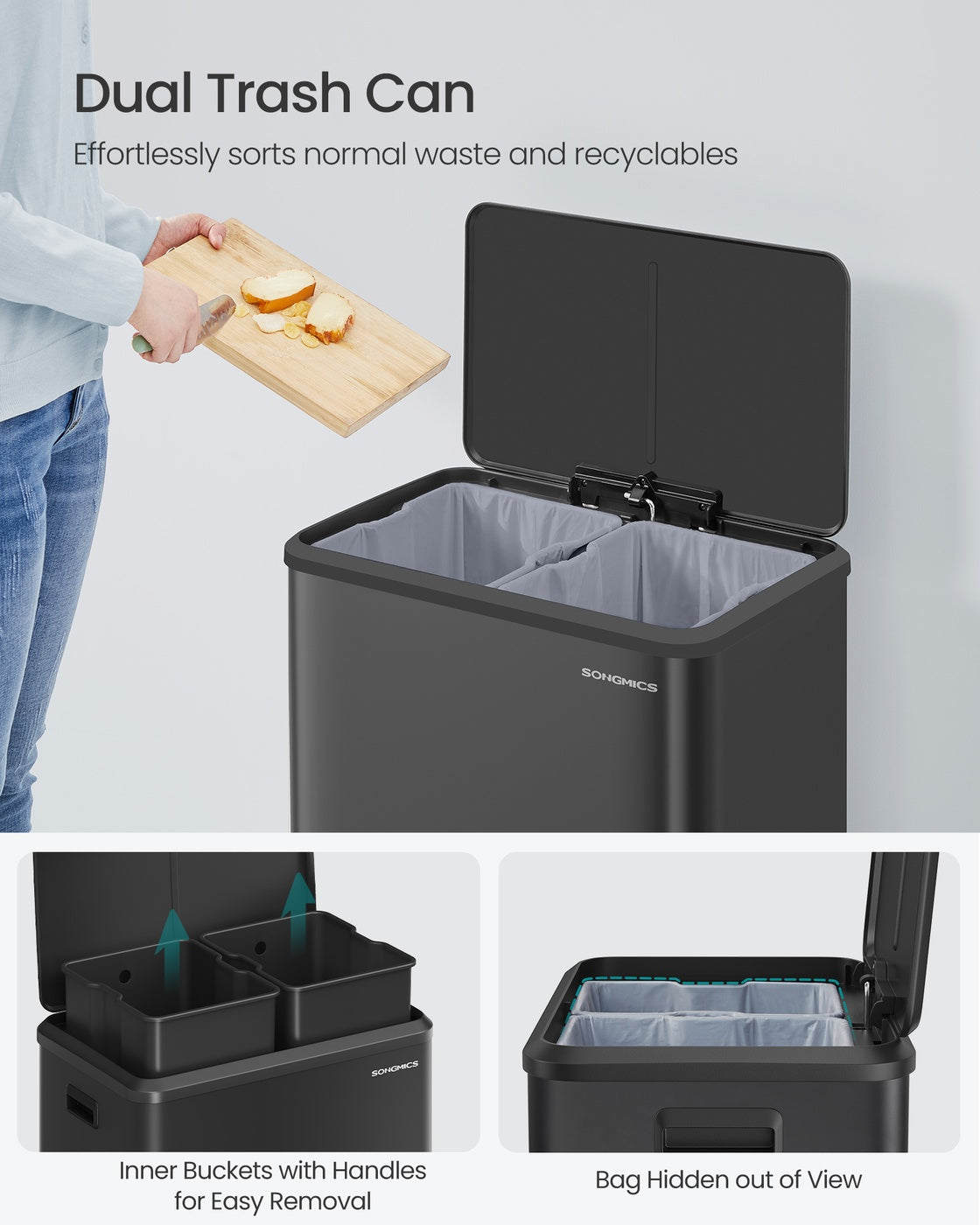 Stainless Steel Dual Pedal Trash Can for Kitchen Recycling - Ink Black