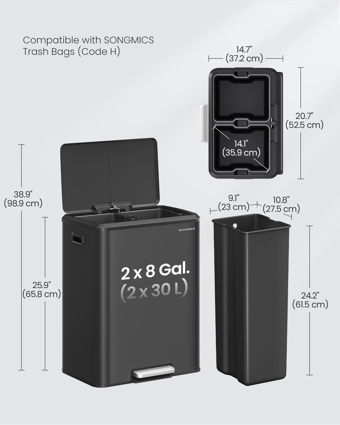 Stainless Steel Dual Pedal Trash Can for Kitchen Recycling - Ink Black