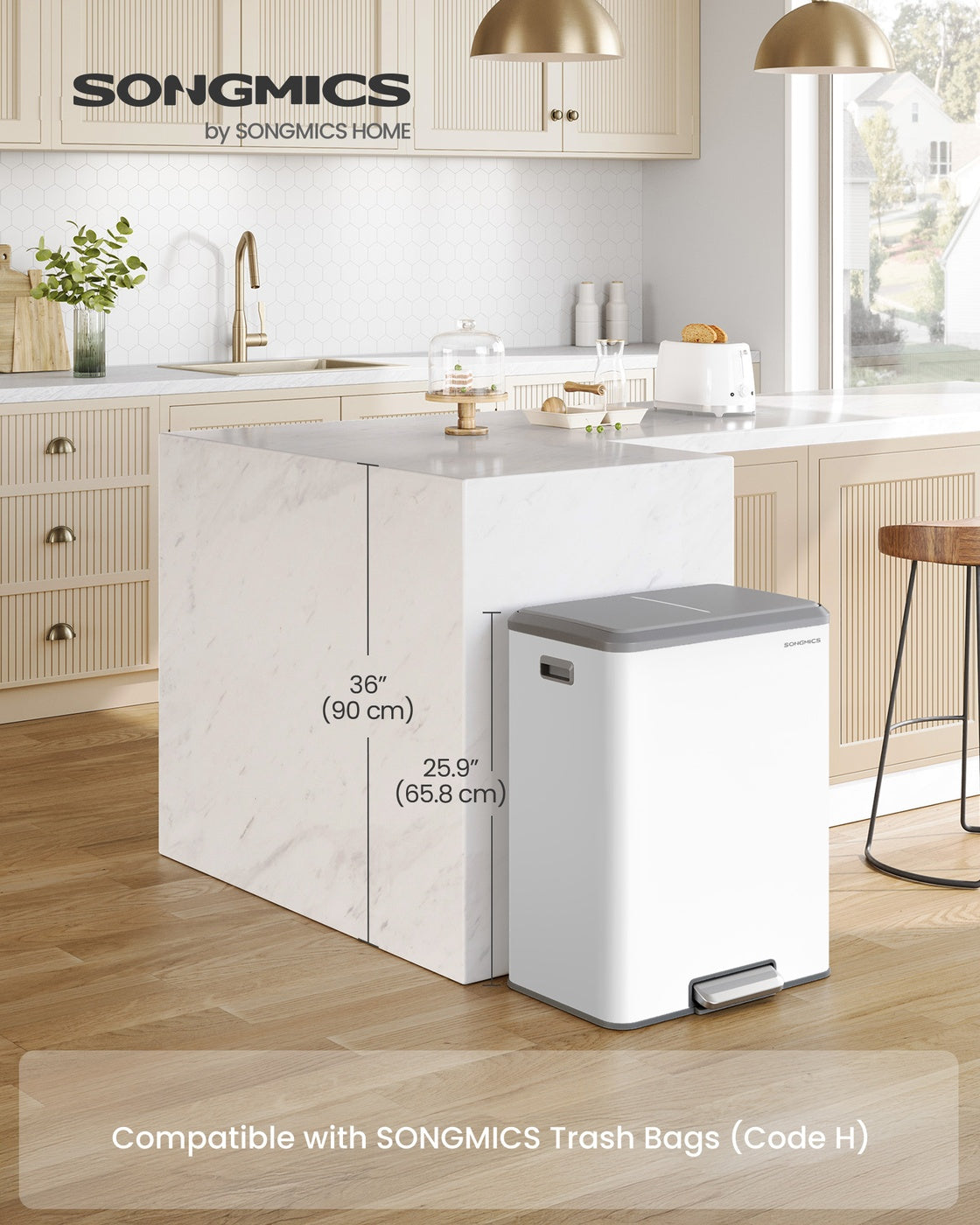 Stainless Steel Dual Pedal Trash Can for Kitchen Recycling - Cloud White