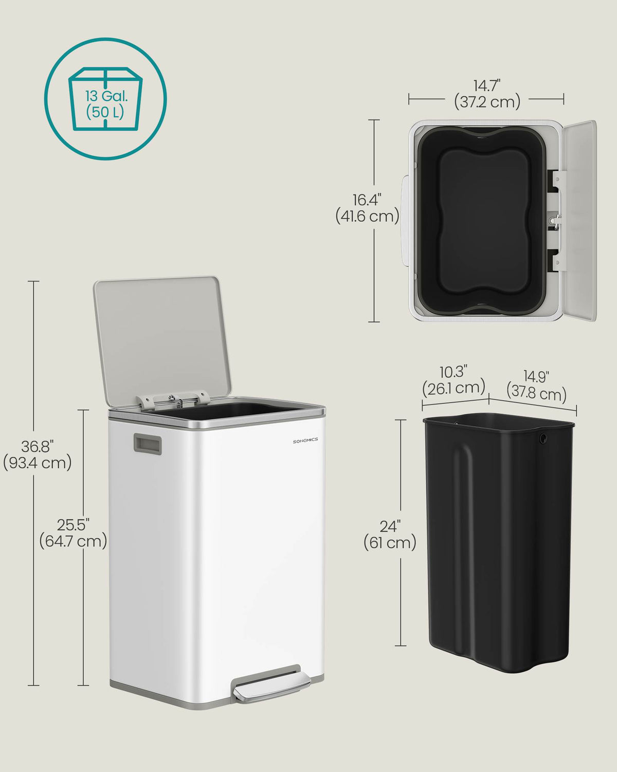 Trash Can - 13 Gallon - Soft-Close Lid - Removable Inner Bucket