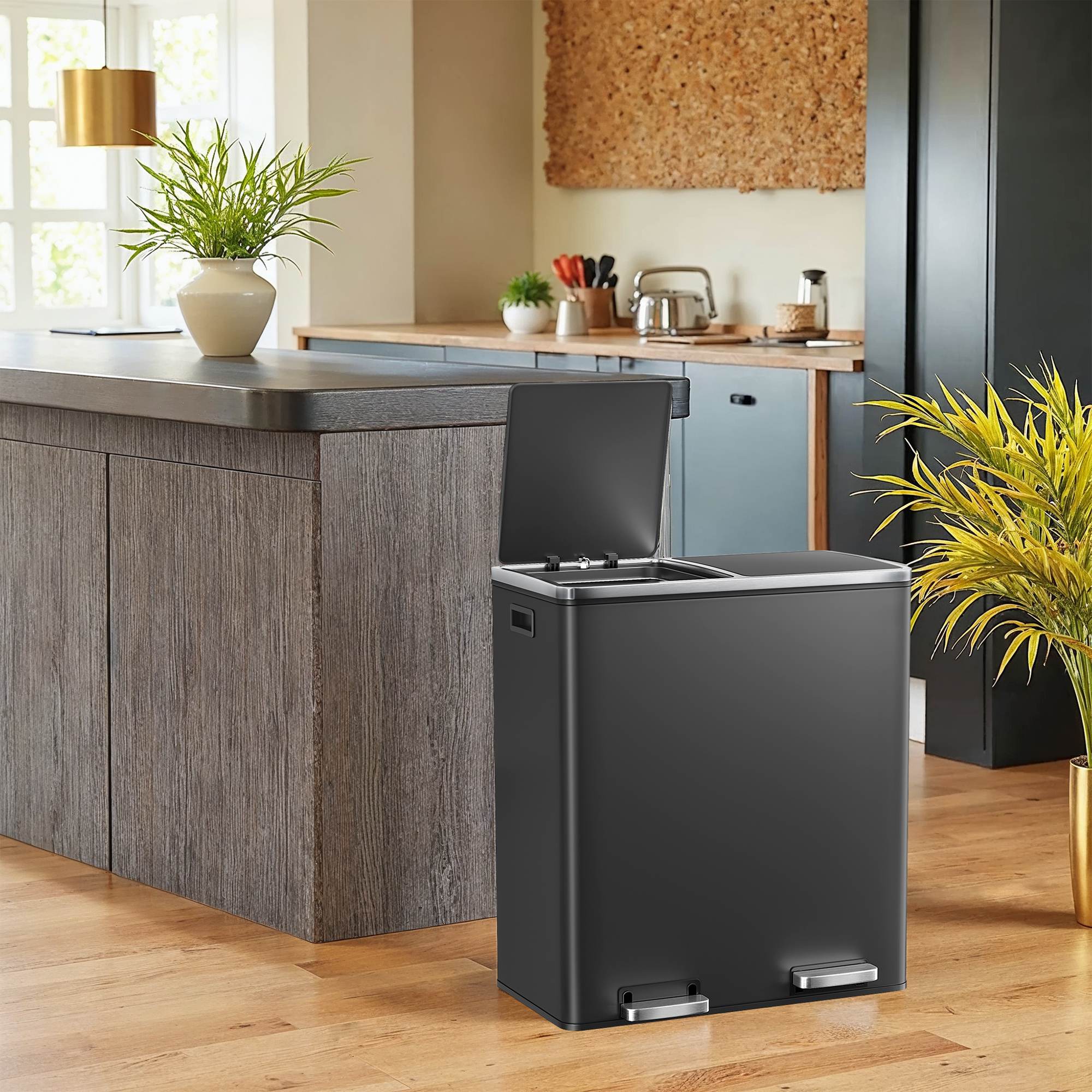 Dual Compartment Kitchen Trash Can with Airtight Hinged Lids - Black - 23.2"L x 12.8"W x 25.6"H