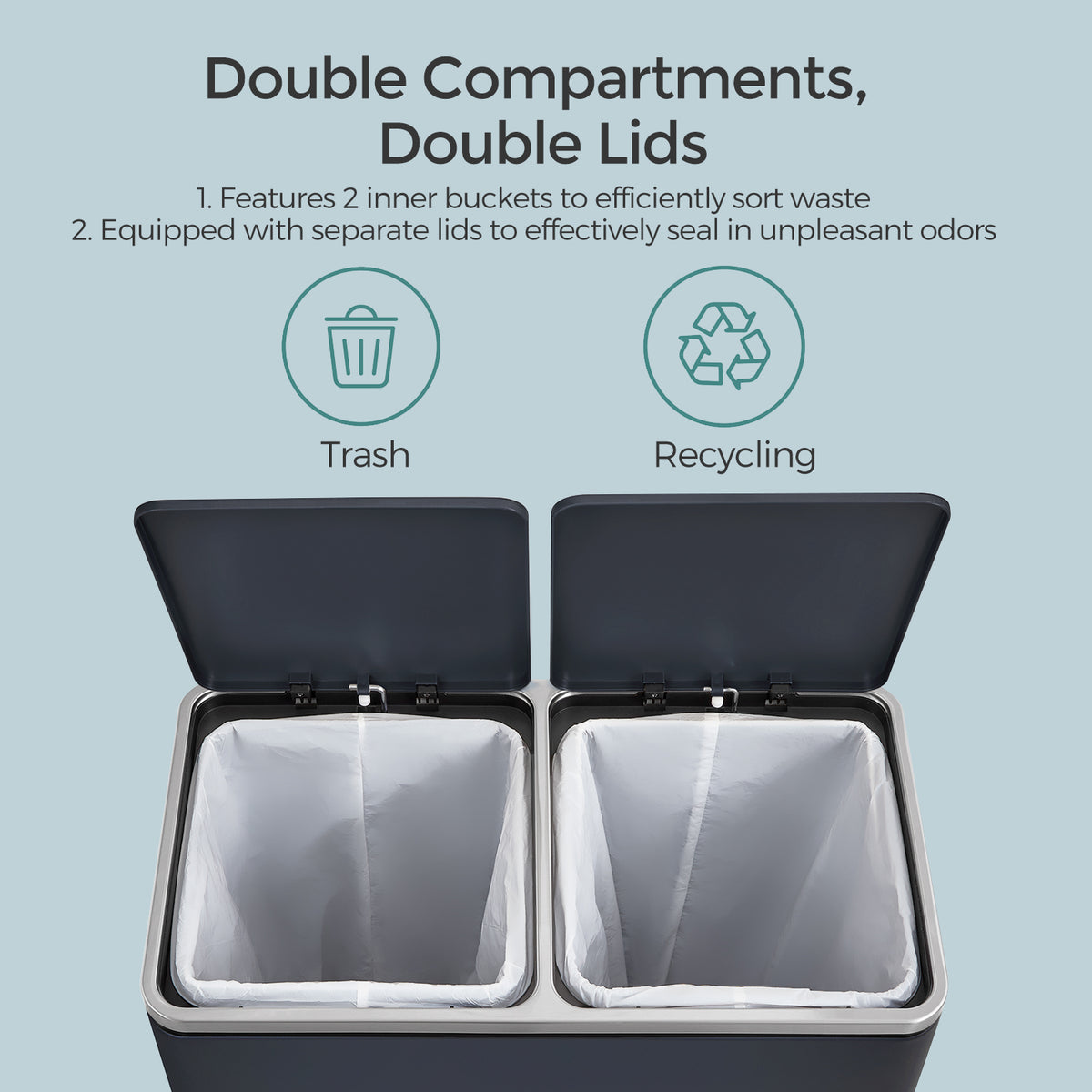 Kitchen Trash Can - Dual Compartment - 16-Gallon - Airtight Hinged Lids