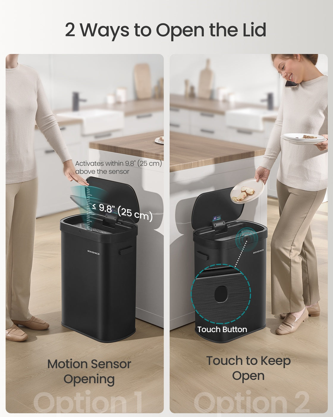 13-Gallon Motion Sensor Trash Can - Soft Close - Dual Open - Stainless Steel - Ink Black - Ink Black
