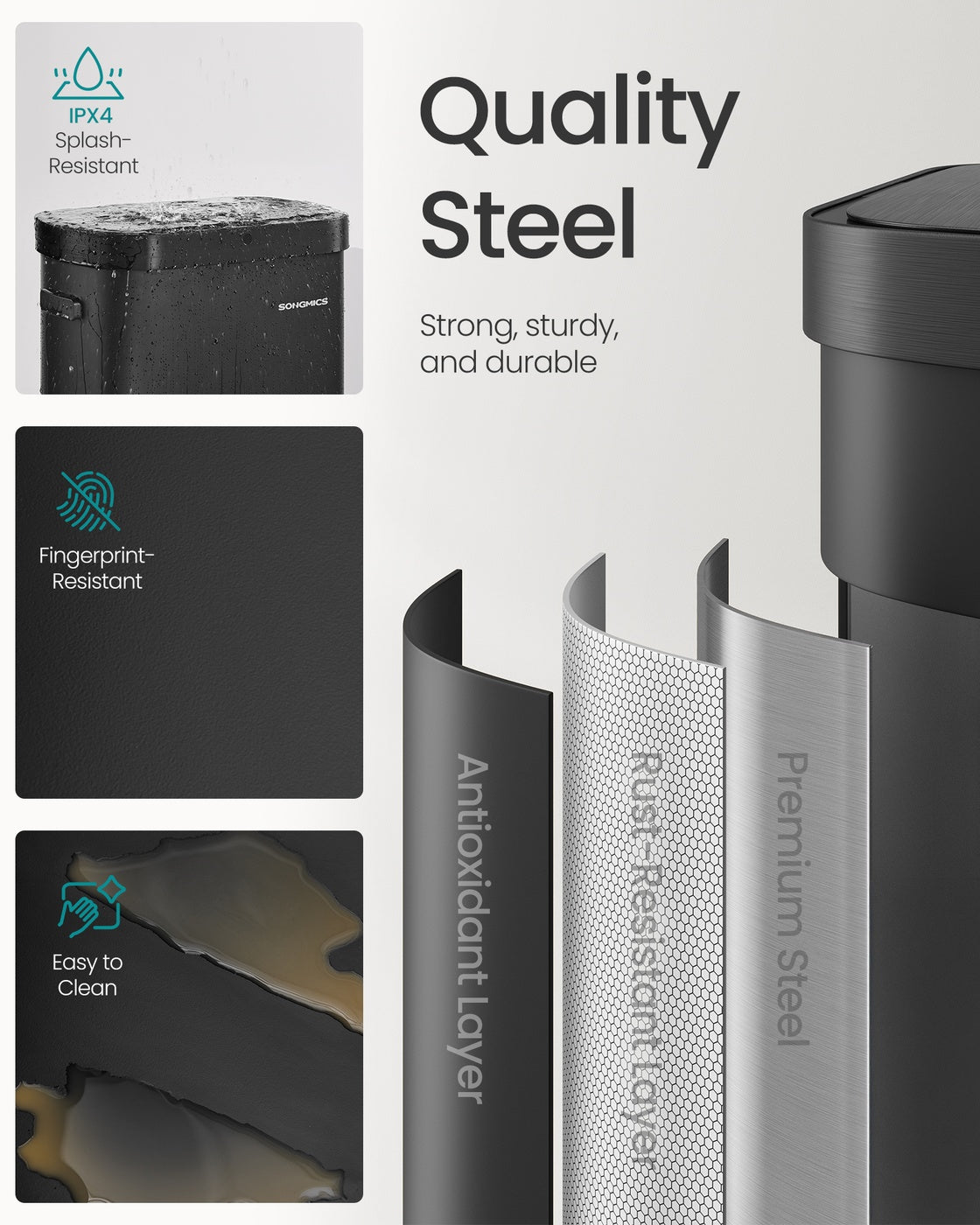 13-Gallon Motion Sensor Trash Can - Soft Close - Dual Open - Stainless Steel - Ink Black - Ink Black