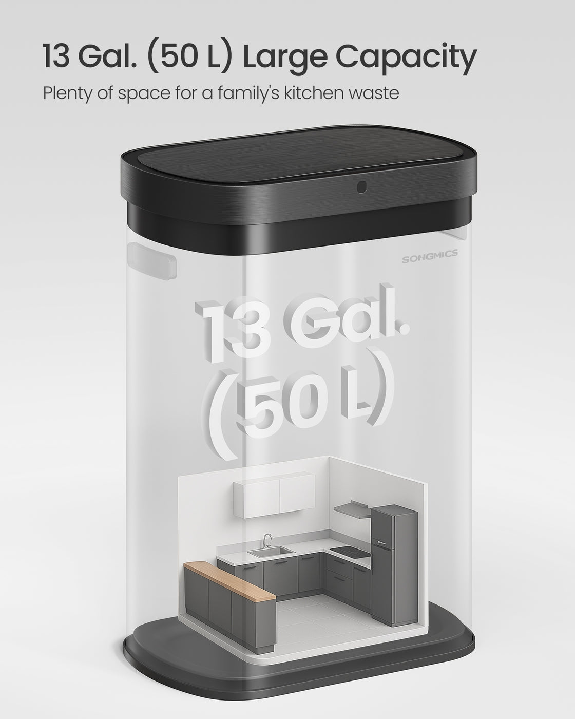 13-Gallon Motion Sensor Trash Can - Soft Close - Dual Open - Stainless Steel - Ink Black - Ink Black