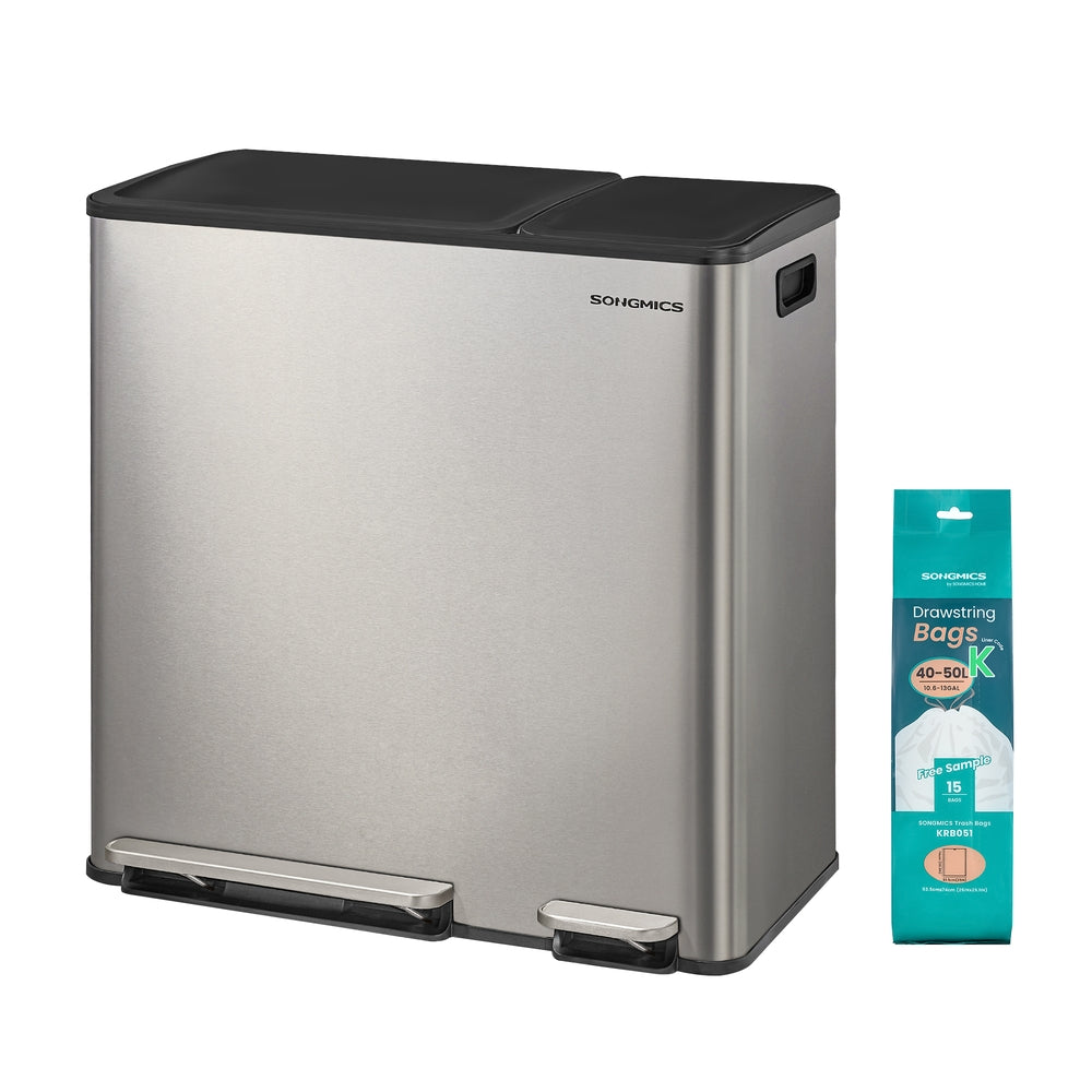 Dual-Compartment Trash Can - 13.2+5.3 Gallon - Soft-Close Lid - Stainless Steel - Silver - 15 Liners