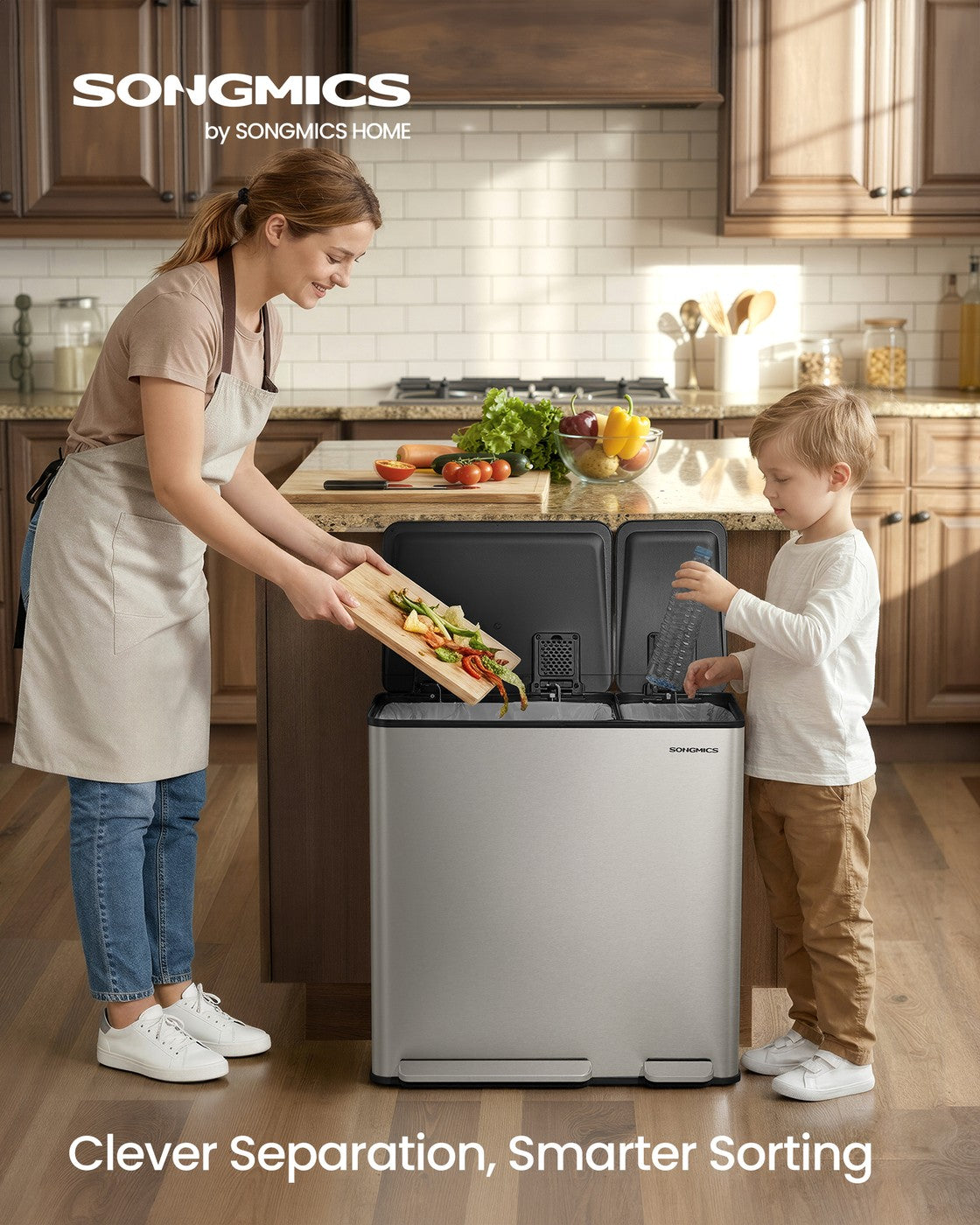 Dual-Compartment Trash Can - 13.2+5.3 Gallon - Soft-Close Lid - Stainless Steel - Silver - 15 Liners