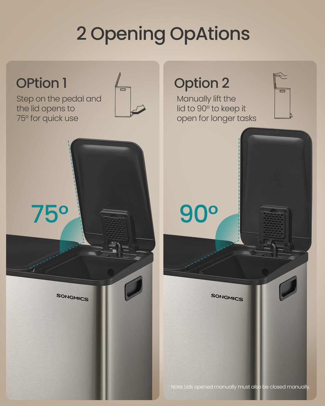 Dual-Compartment Trash Can - 13.2+5.3 Gallon - Soft-Close Lid - Stainless Steel - Silver - 15 Liners