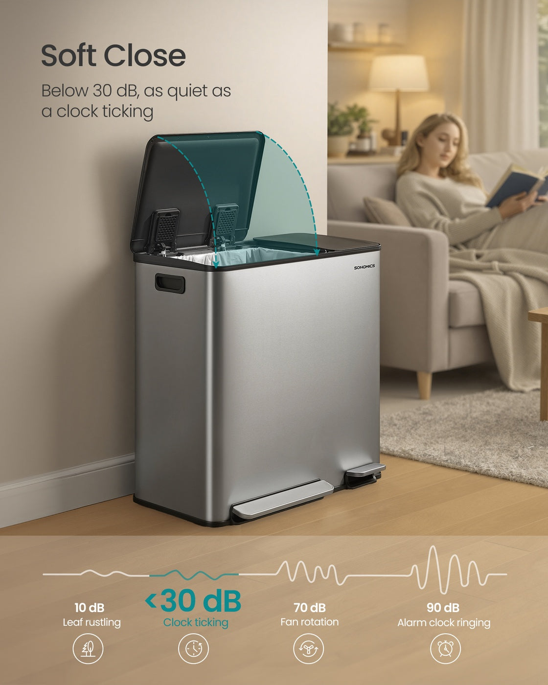 Dual-Compartment Trash Can - 13.2+5.3 Gallon - Soft-Close Lid - Stainless Steel - Silver - 15 Liners